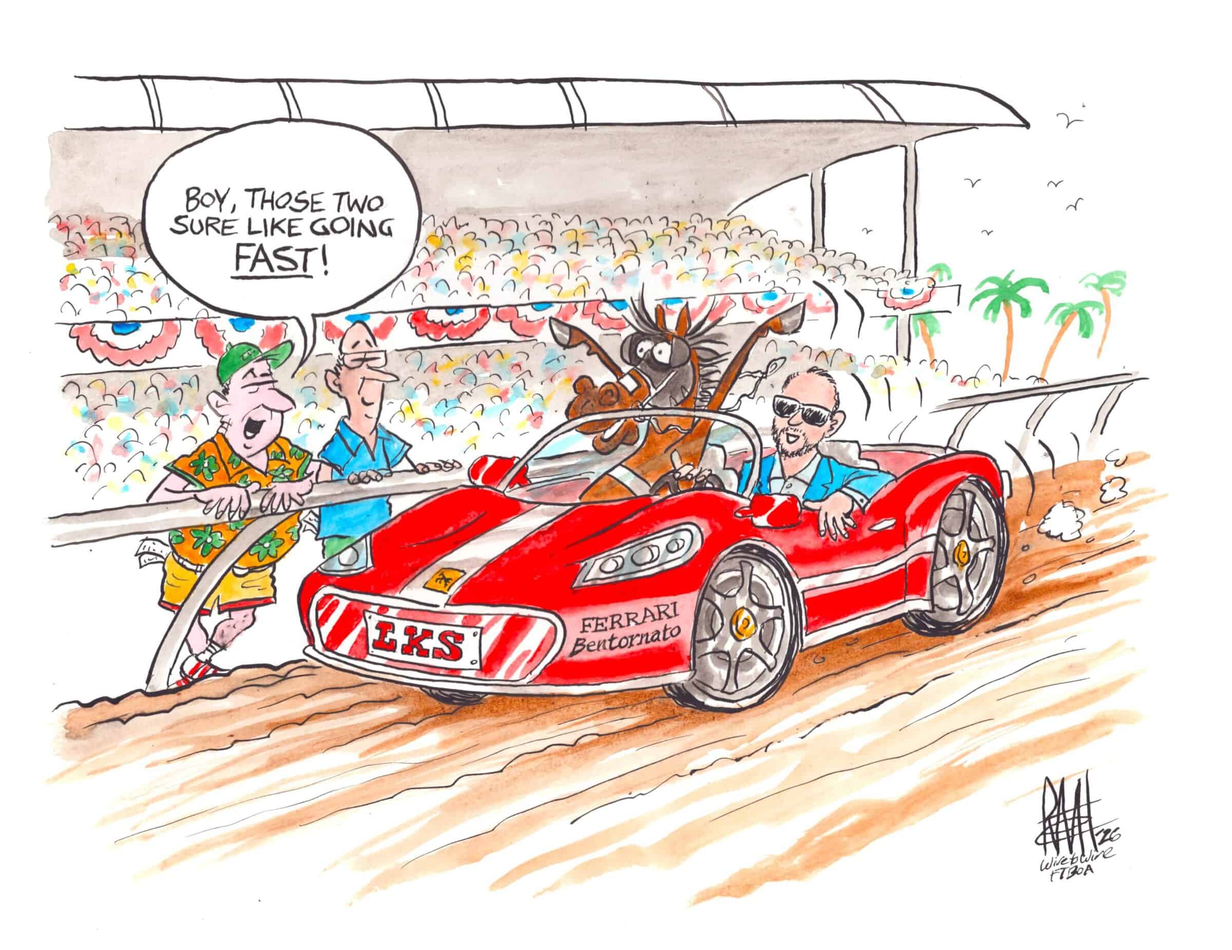 Illustration of Florida-bred Bentornato speeding in a red Ferrari to the finish line (presumably during Breeders’ Cup Sprint), with trainer Jose D’Angelo in the driver’s seat. The pair flash past two men standing by the rail, where two onlookers watch. One says, “Boy those two sure like going fast!” A crowded grandstands is simplified in the background. Illustration by artist Remi Bellocq.