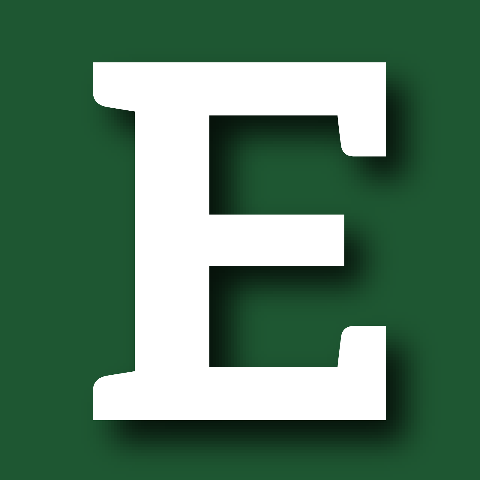 Large serif "E" centered against a white background. The "E" is from the branded logo for "Equibase," and is white with shadowing behind it.
