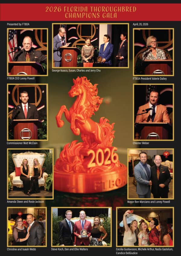 Photo spread for the 2026 Florida Thoroughbred Champions Gala. The photo spreads are full page graphics consisting of smaller framed photos outlined in gold of the attendees. The smaller photos center around a photo of one large image of the main award trophy, a 33D printed, flame-colored horse rearing over the year (2026) and FTBOA, which is embossed on the base. Page 1 of 3.