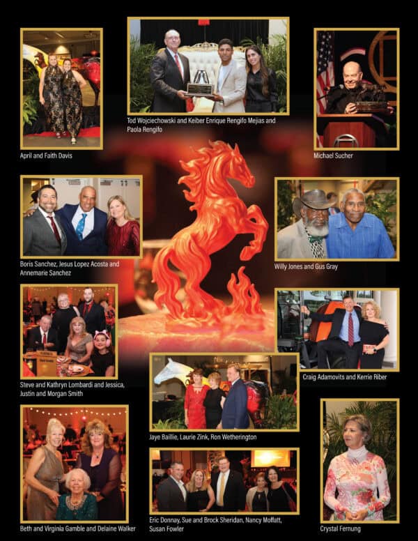 Photo spread for the 2026 Florida Thoroughbred Champions Gala. The photo spreads are full page graphics consisting of smaller framed photos outlined in gold of the attendees. The smaller photos center around a photo of one large image of the main award trophy, a 33D printed, flame-colored horse rearing over the year (2026) and FTBOA, which is embossed on the base. Page 2 of 3.
