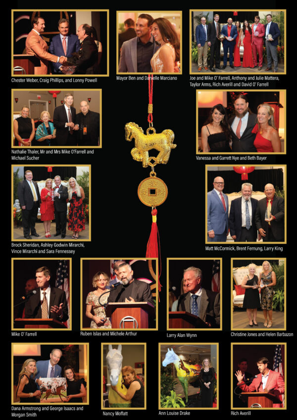 Photo spread for the 2026 Florida Thoroughbred Champions Gala. The photo spreads are full page graphics consisting of smaller framed photos outlined in gold of the attendees. The smaller photos center around a photo of one large image of the main award trophy, a 33D printed, flame-colored horse rearing over the year (2026) and FTBOA, which is embossed on the base. Page 3 of 3.