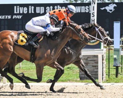 Florida-bred Majestic Lucia and jockey Cipriano Gil gallop on the inside rail, overtaking competitor Chatelot to win a first condition, $75,000 optional claiming for 3-year-old fillies at Tampa Bay Downs on April 4, 2026. (Photo: ©SV Photography)