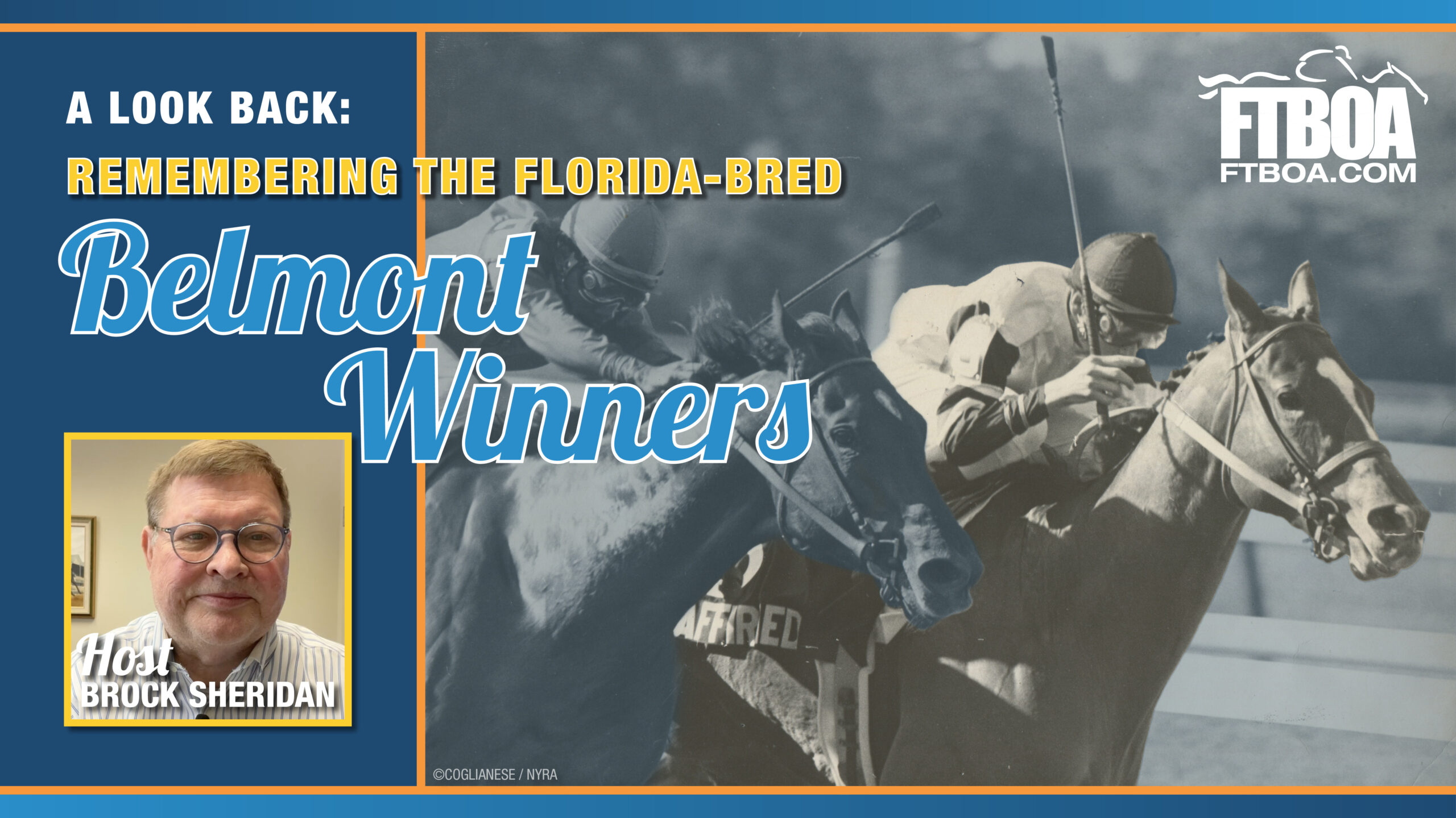 Video thumbnail consisting of a closely cropped film photo of Florida-bred Thoroughbred Affirmed galloping neck-and-neck with his rival, Alydar. Alydar and his jockey, Jorge Velasquez, are faded out into blue that matches the background of the collective image, while Affirmed and his jockey, Steve Cauthen, stand out. (Photo: ©Coglianese/NYRA) To the left, a dark blue bar consists of a stack of text that reads, “A Look Back: Remembering the Florida-bred Belmont Winners.” The first half of the text is in white sans serif, the secondary is in the same sans serif but in yellow with a white outline and shadowing, and then “Belmont Winners” is large and in a script font for emphasis, and the logo for the FTBOA is featured in the top right corner of the full graphic. A headshot of the host, Brock Sheridan, is featured in the bottom left corner of the full graphic. The graphic is outlined in light blue to dark blue gradient frames at the top and bottom of the collective image, outlined in orange.
