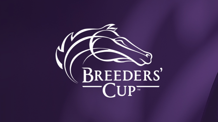 White logo for the Breeders' Cup, which consists of an outlined horse head curving over the name of the organization, overlaid onto a purple background highlighted by soft lighting entering from the top right of the collective image, mimicking rolling fabric.