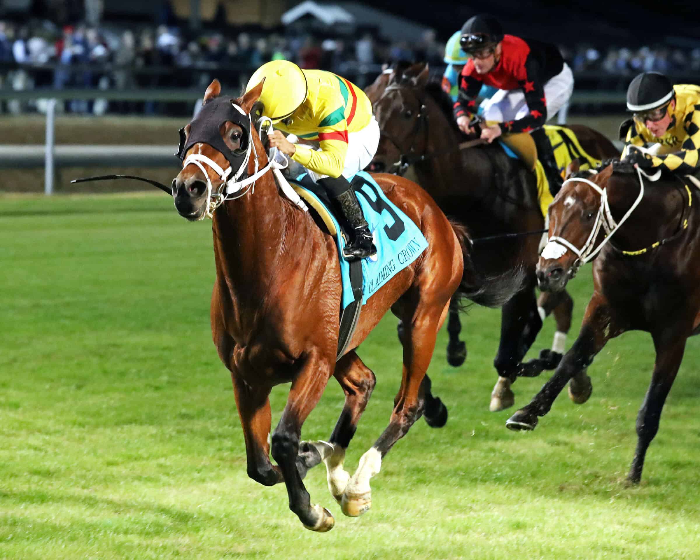 Florida-bred Echo Lane and jockey Luis Saez gallop at the head of the pack, outlasting competition to win the 2025 Claiming Crown Emerald at Churchill Downs. (Photo: ©John Gallagher/Coady Media)