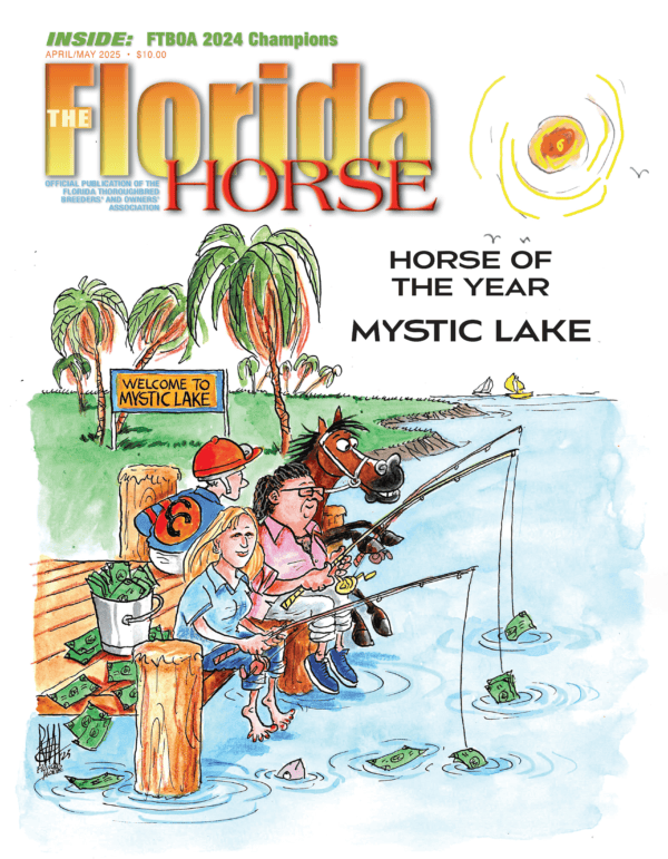 Full color, hand drawn illustration by artist Remi Bellocq of Florida-bred Horse of the Year, Mystic Lake, sitting on a dock with the rest of her team. Together, they’re all holding fishing poles, dangling money over the lake to encourage fish to bite. In the background, Florida palm trees and a sailboat on the horizon frame the image. The illustration was featured on the cover of the April/May 2025 edition of “The Florida Horse,” whose title is displayed in the top lefthand corner.