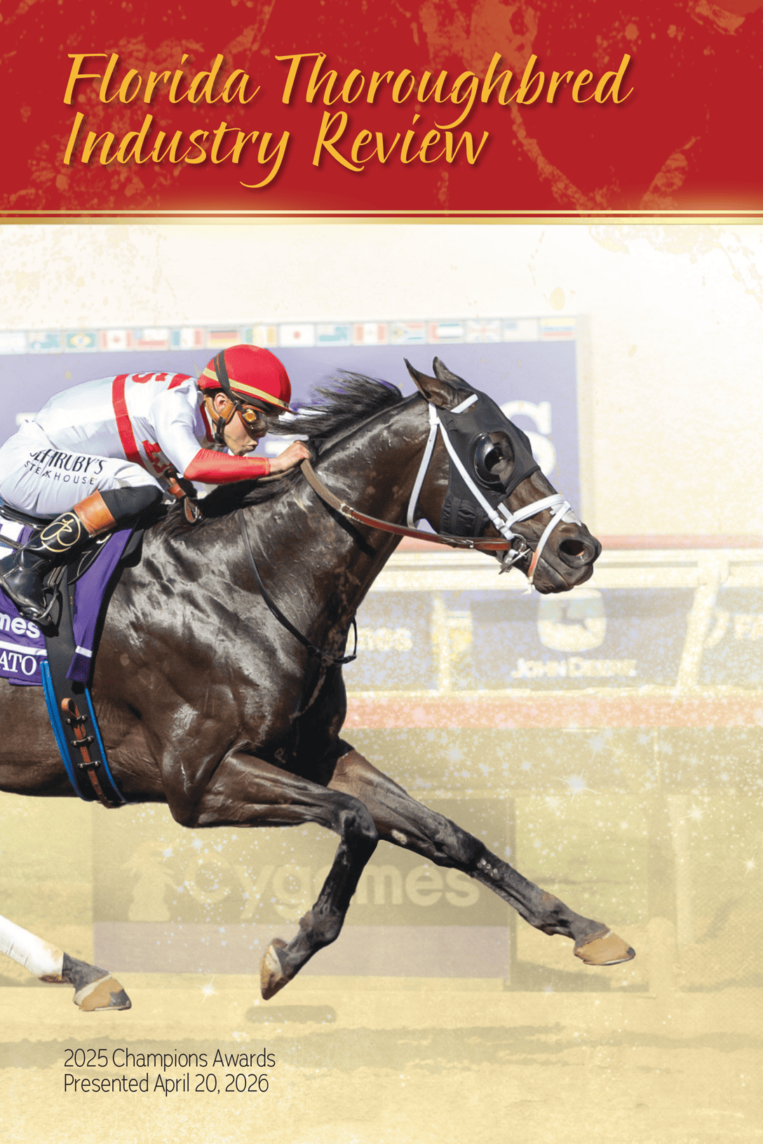 Cover for the Florida Thoroughbred Industry Review, featuring a photo of Florida-bred Bentornato and jockey Irad Ortiz, Jr. galloping to the wire to win the 2025 Breeders’ Cup Sprint (G1). The background behind them fades out of view, and the title for the image is in gold, centered on a large red banner above their heads.