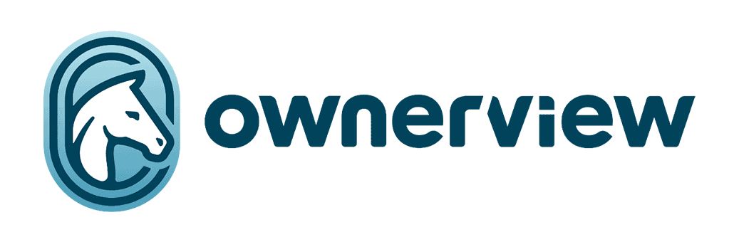 Relaunch logo for Ownerview, consisting of a minimally stylized horse head centered on a minimal racetrack, next to the all lowercase lettering of “ownerview.” The full logo is in dark and light teal and white.