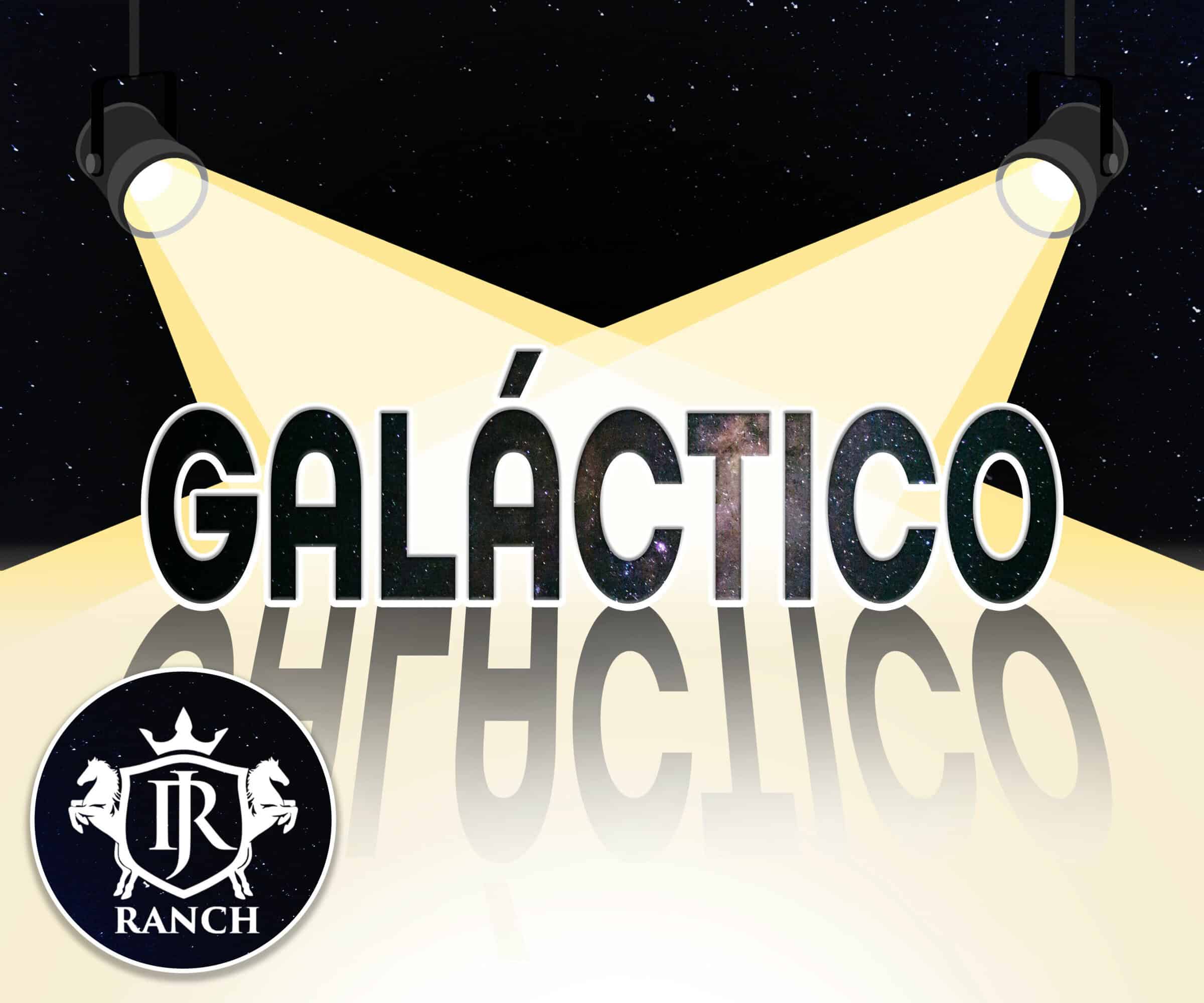 Graphic for the stallion Galáctico, featuring his name in all-capitalized, sans-serif lettering, with the night sky overlaid on top of the letters and outlined in white. A shadow of the name stretches out in front of it, and the name is highlighted by yellow, illustrated spotlights backed by the night sky. The logo for the stallion’s resident farm, J R Ranch, is featuring in a circle outlined in white, backed by a matching night sky, in the bottom lefthand corner. Credits for the night sky imagery go to Thom Schneider and Paul Lichtblau on Unsplash, respectively.