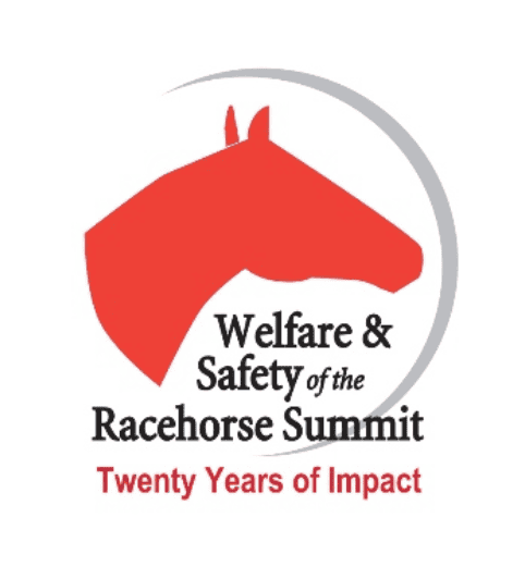 Logo for the Welfare and Safety of the Racehorse Summit. The logo consists of the full name stacked under a red horse head, with a curving half-circle running underneath the text to tie them together in light grey. Beneath the name, is text that reads, “Twenty Years of Impact.”