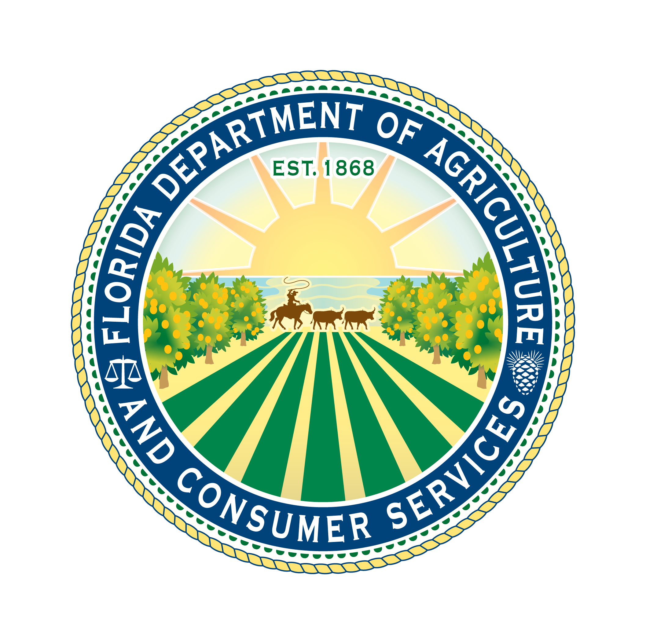 Badge logo for the Florida Department of Agriculture and Consumer Services. The logo consists of a vector sunrise in the middle rising over the ocean, an orange orchard, and a person herding cattle with their horse. The name for the organization circles the artwork, and further rope-like embellishments wrap around the outside of the logo.