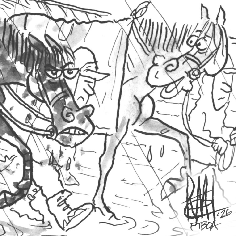 A hand drawn, grayscale illustration of two racehorses being led around a racetrack in front of the track’s grandstand. It’s raining, and the horses are covered in sheets to protect them from the rain. The horse on the inside rail cheerily turns toward the horse next to themThe other horse is scowling and covered in mud. Illustration by ©Remi⁩ Bellocq