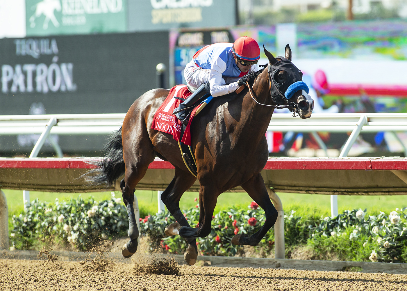 Florida-bred Thoroughbred Nooni and jockey Juan Hernandez rocket towards the wire at Santa Anita Park, galloping ahead of their competition to win the 2024 Grade 3 Sorrento. (Photo: ©Benoit)