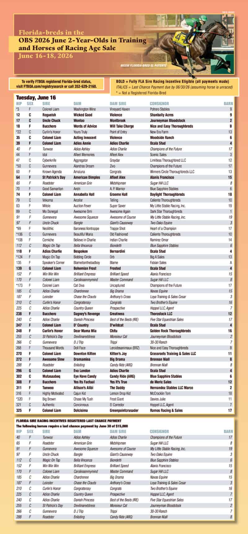 Series of three full page graphics whose backgrounds fade from peach to yellow back to peach overlaid with two charts on each page describing the Florida-bred horses that are available in the OBS June Sale 2026. The charts are white with soft grey highlights, and each chart is headed by a photo of a Florida-bred Thoroughbred by ©Benoit. This is the chart for Day 1 of the sale, Tuesday, June 16. The chart is headlined by a photo of Florida-bred Thoroughbred El Potente. (Photo: ©Benoit)