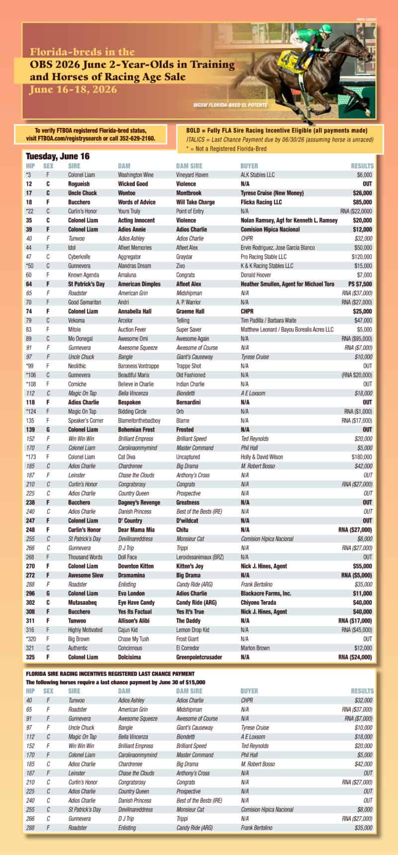 Series of three full page graphics whose backgrounds fade from peach to yellow back to peach overlaid with two charts on each page describing the Florida-bred horses that are available in the OBS June Sale 2026. The charts are white with soft grey highlights, and each chart is headed by a photo of a Florida-bred Thoroughbred by ©Benoit. This is the chart for Day 1 of the sale, Tuesday, June 16. The chart is headlined by a photo of Florida-bred Thoroughbred El Potente. (Photo: ©Benoit)