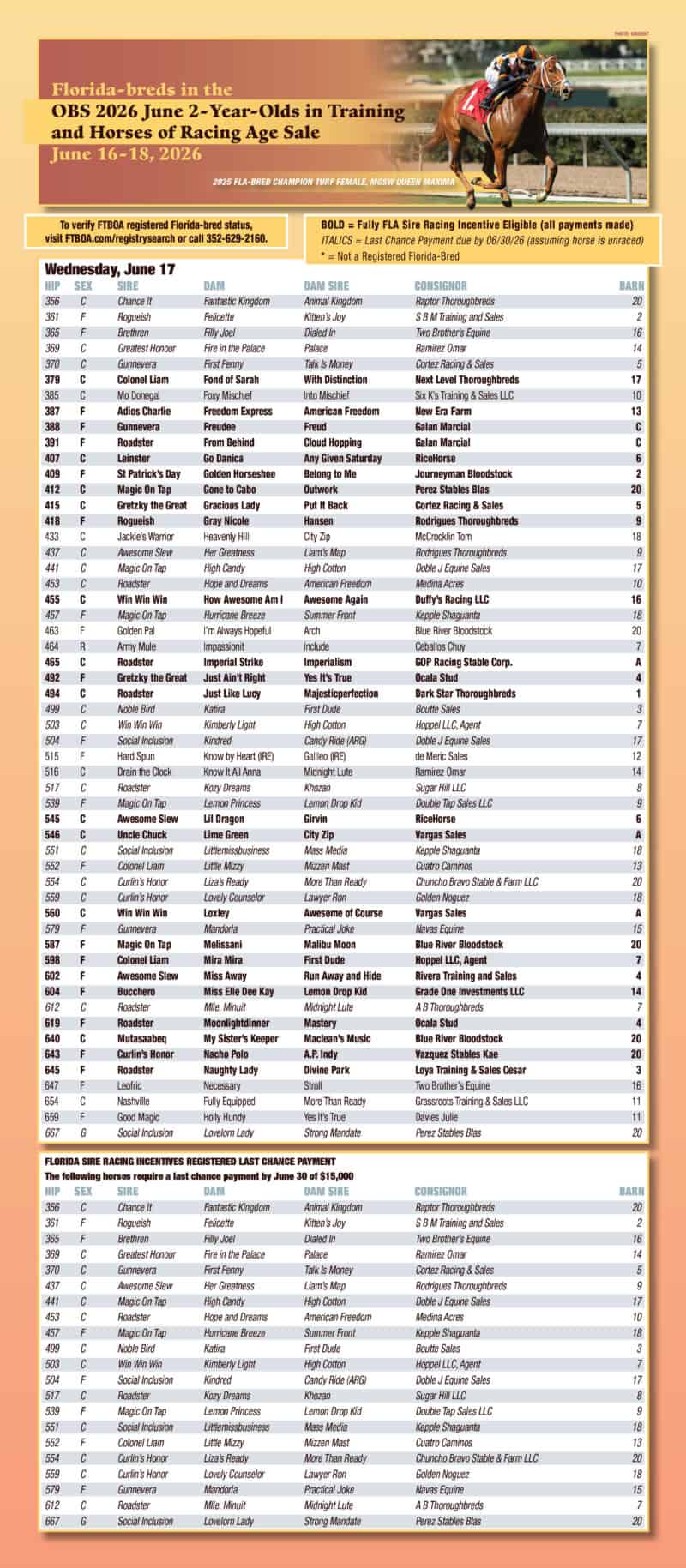 Series of three full page graphics whose backgrounds fade from peach to yellow back to peach overlaid with two charts on each page describing the Florida-bred horses that are available in the OBS June Sale 2026. The charts are white with soft grey highlights, and each chart is headed by a photo of a Florida-bred Thoroughbred by ©Benoit. This is the chart for Day 2 of the sale, Wednesday, June 17. The chart is headlined by a photo of Florida-bred Thoroughbred Queen Maxima. (Photo: ©Benoit)