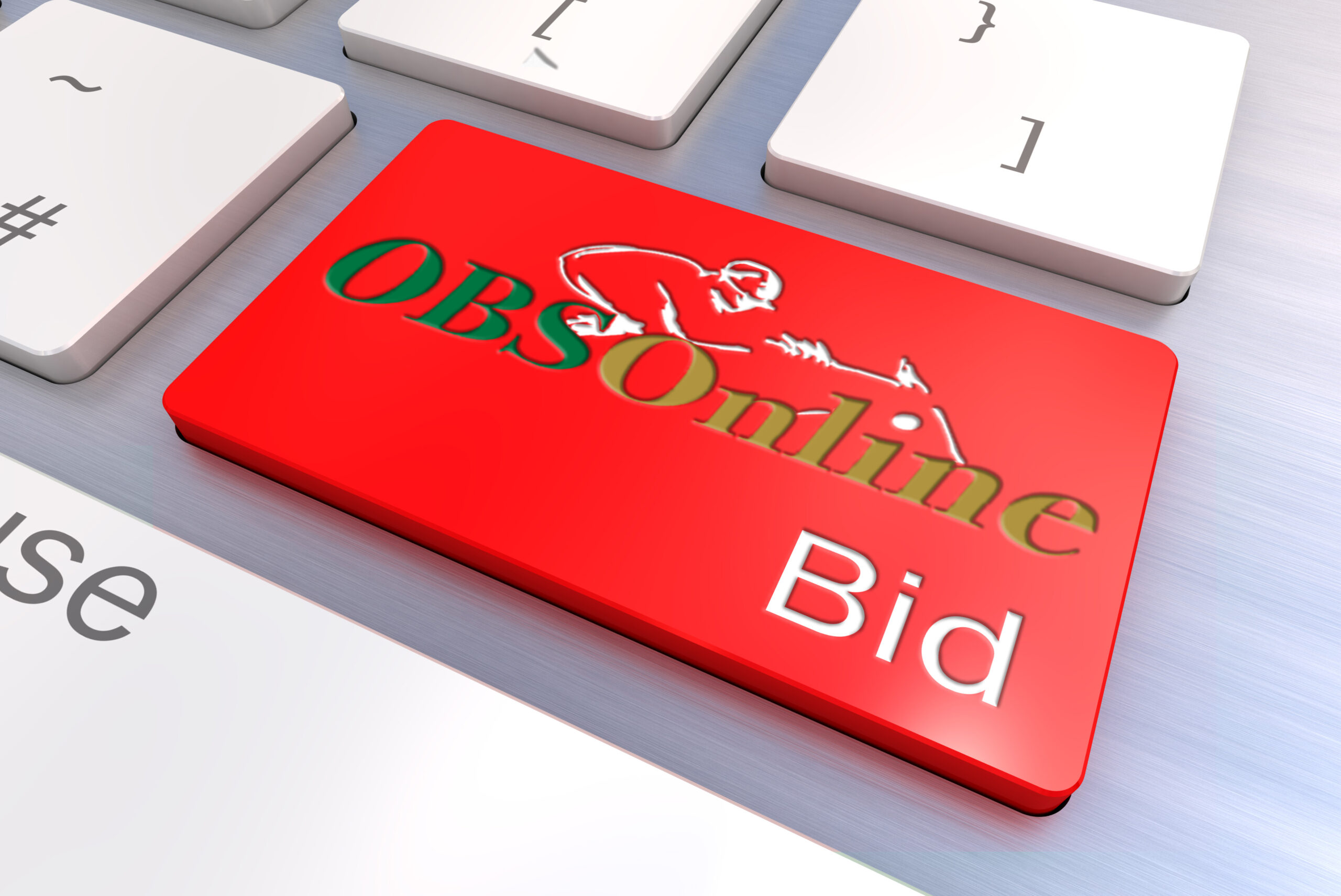 A bright red button on a keyboard features the logo for the OBS Online sale, which consists of serif lettering that reads, “OBS Online,” with a minimal outline of a horse and jockey’s topline overlaid on top. Beneath the logo and to the right, the word “Bid” is showcased in all caps. Both the logo and “bid” are engraved on the button. Original (unedited) photo credit goes to heads-off.
