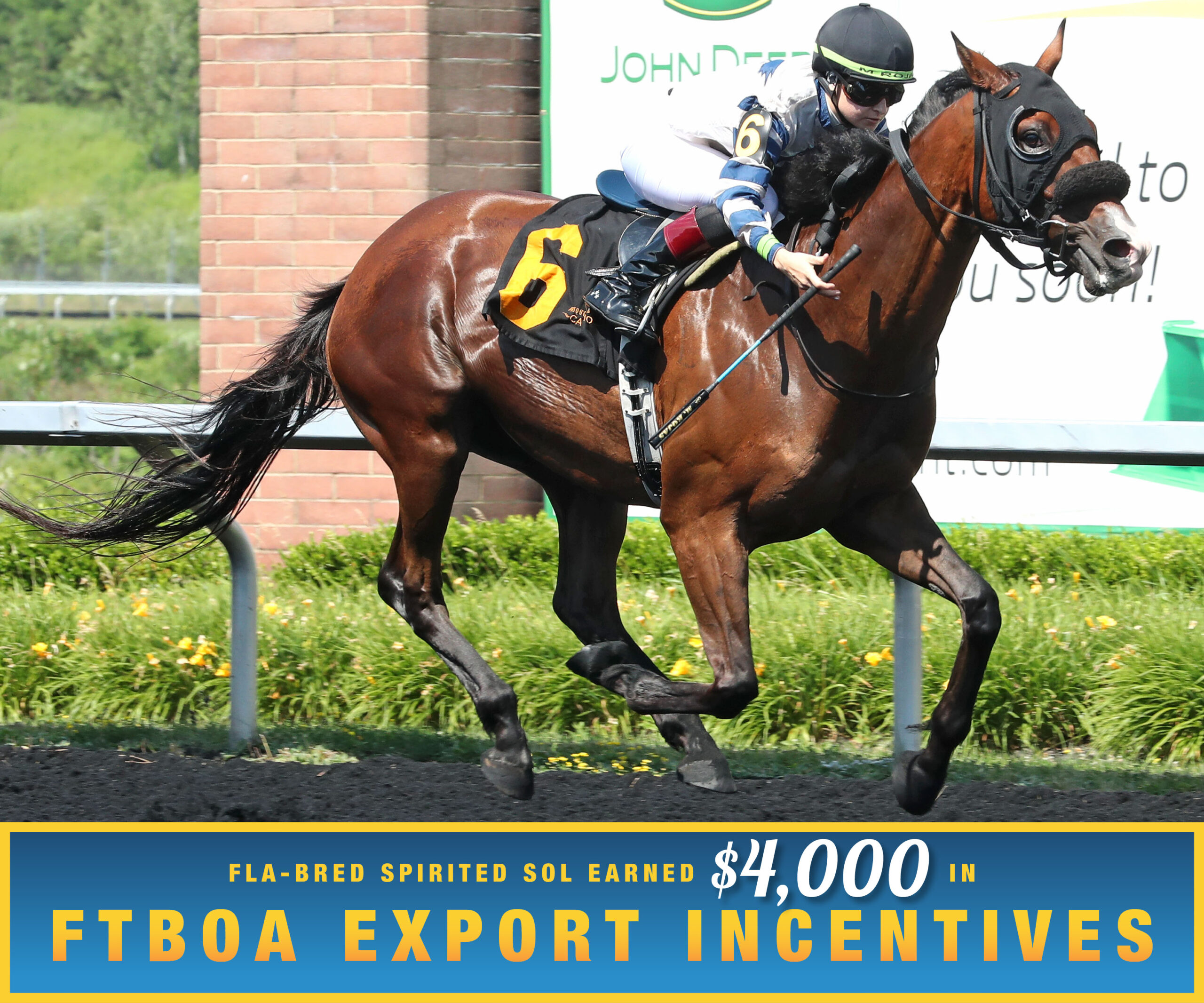 Florida-bred Thoroughbred Spirited Sol and jockey Martina Rojas gallop to the wire at Presque Isle Downs, winning the 2026 Karl Boyes Stakes. (Photo: ©Ashley Phillips/Coady Media) Beneath the photo, a gradient light blue to dark blue banner, edged in an orange to yellow frame, is featured. The banner reads, “Fla-bred Spirited Sol Earned $4,000 in FTBOA Export Incentives.”
