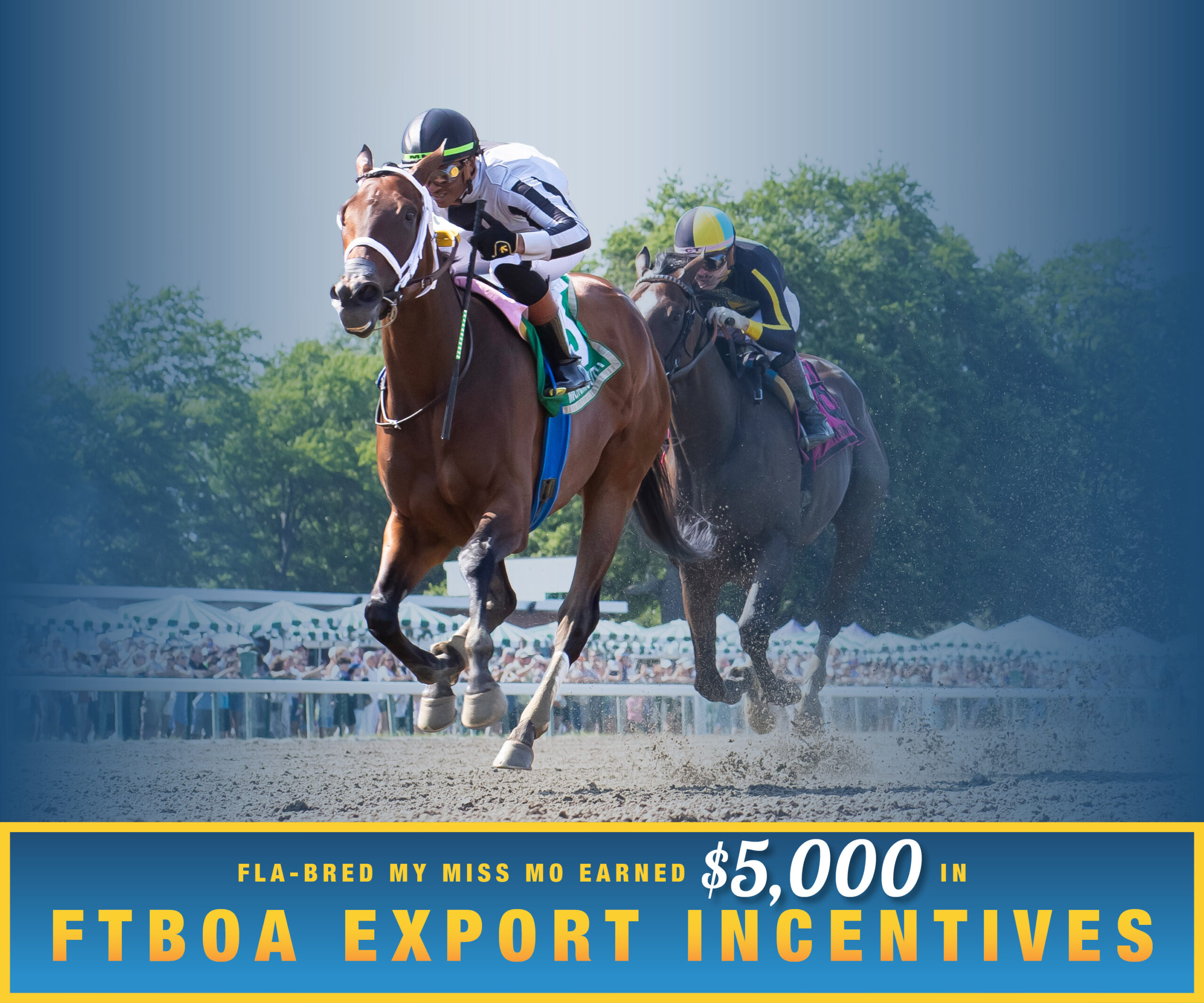 Florida-bred Thoroughbred My Miss Mo and jockey Micah Husbands gallop ahead of competitor Bodacious Bay, piloted by Cristian Torres, rushing towards the camera. My Miss Mo and Husbands held the lead to win the 2026 Grade 3 Monnouth Oaks. (Photo: ©Ryan Denver/EQUI-PHOTO) My Miss Mo and Husbands stand out against the rest of the photo, which has been softened by dark blue gradients. Beneath the photo, a gradient light blue to matching dark blue banner, edged in an orange to yellow frame, is featured. The banner reads, “Fla-bred My Miss Mo Earned $3,000 in FTBOA Export Incentives.”