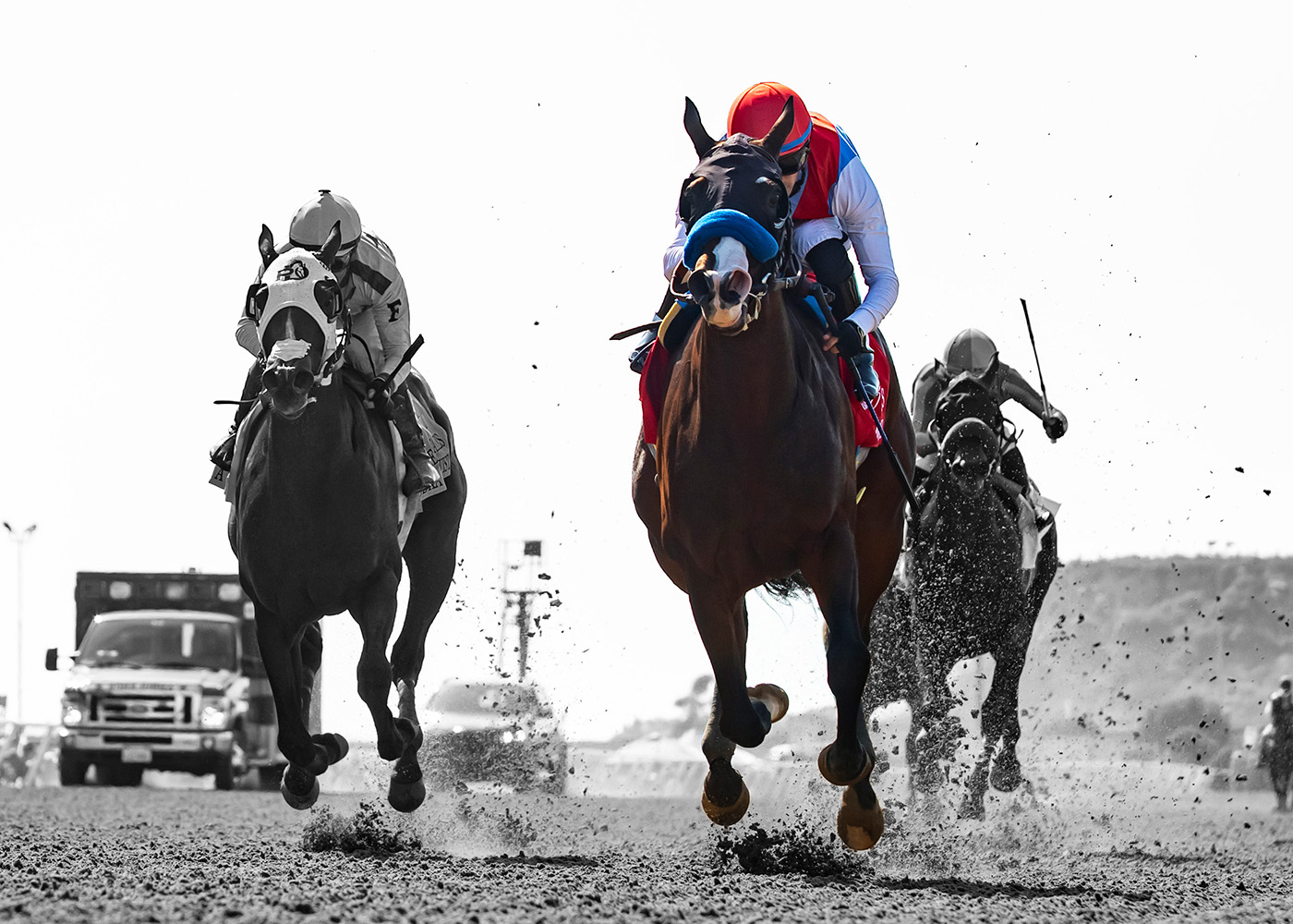 Florida-bred Thoroughbred Nooni races towards the camera with jockey Juan Hernandez in the saddle, outlasting competition to wire the 2024 Grade 3 Sorrento. (Photo: ©Benoit) The photo is in grayscale, but Nooni and Hernandez are in full color.