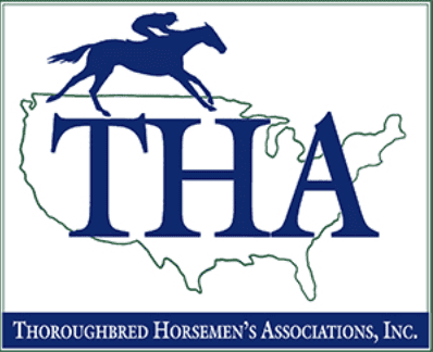 Logo for THA. The logo consists of the all capitalized, blue serif letters “THA” overlapping an outline of the United States. A racehorse and jockey solid blue shape gallops overtop “T” and “H.” A solid blue bar below showcases the full name of the organization. “Thoroughbred Horsemen’s Association’s, Inc.”