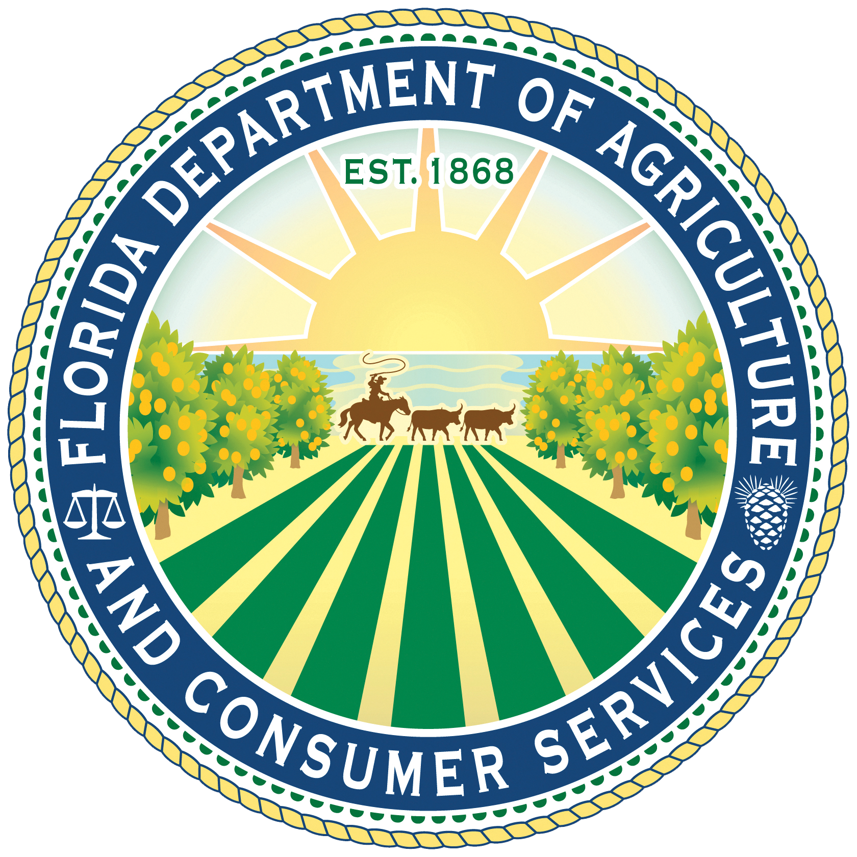 Badge logo for the Florida Department of Agriculture Consumer Services featuring a sun shining over a farmer’s field as a cowboy and his horse and cows walk past the sun.