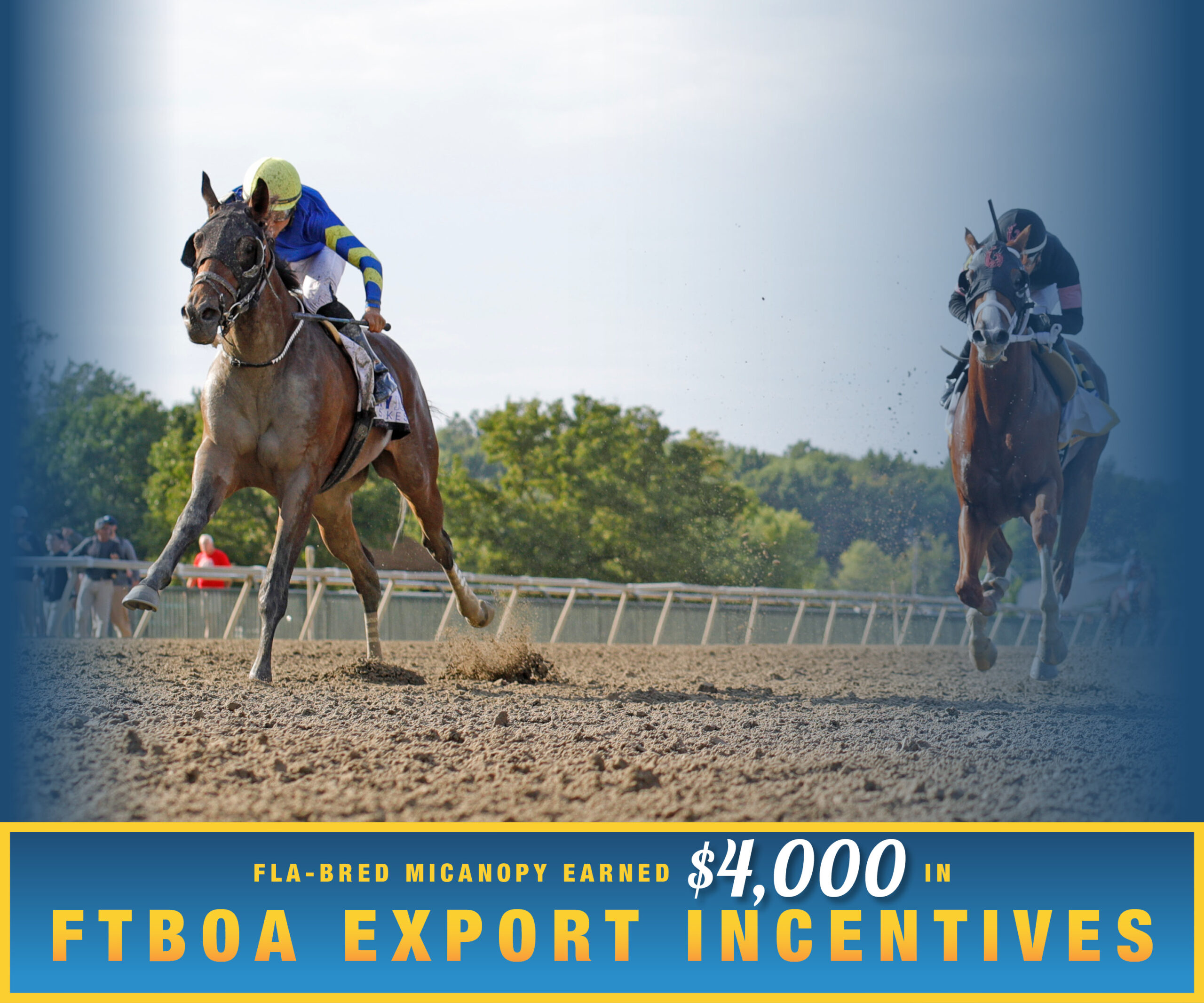 Florida-bred Thoroughbred Micanopy rockets to the lead with jockey Samuel Marin in the saddle, speeding past competitor Ponder and Dream to win the 2026 Smarty Jones (Listed) at Parx Racing. (Photo: ©Bill Denver/EQUI-PHOTO) Beneath the photo, a gradient light blue to dark blue banner, edged in an orange to yellow frame, is featured. The banner reads, “Fla-bred Micanopy Earned $4,000 in FTBOA Export Incentives.” Micanopy and Marin are in full color, while Ponder and Dream and the edges of the photo are overlaid with a dark blue gradient.