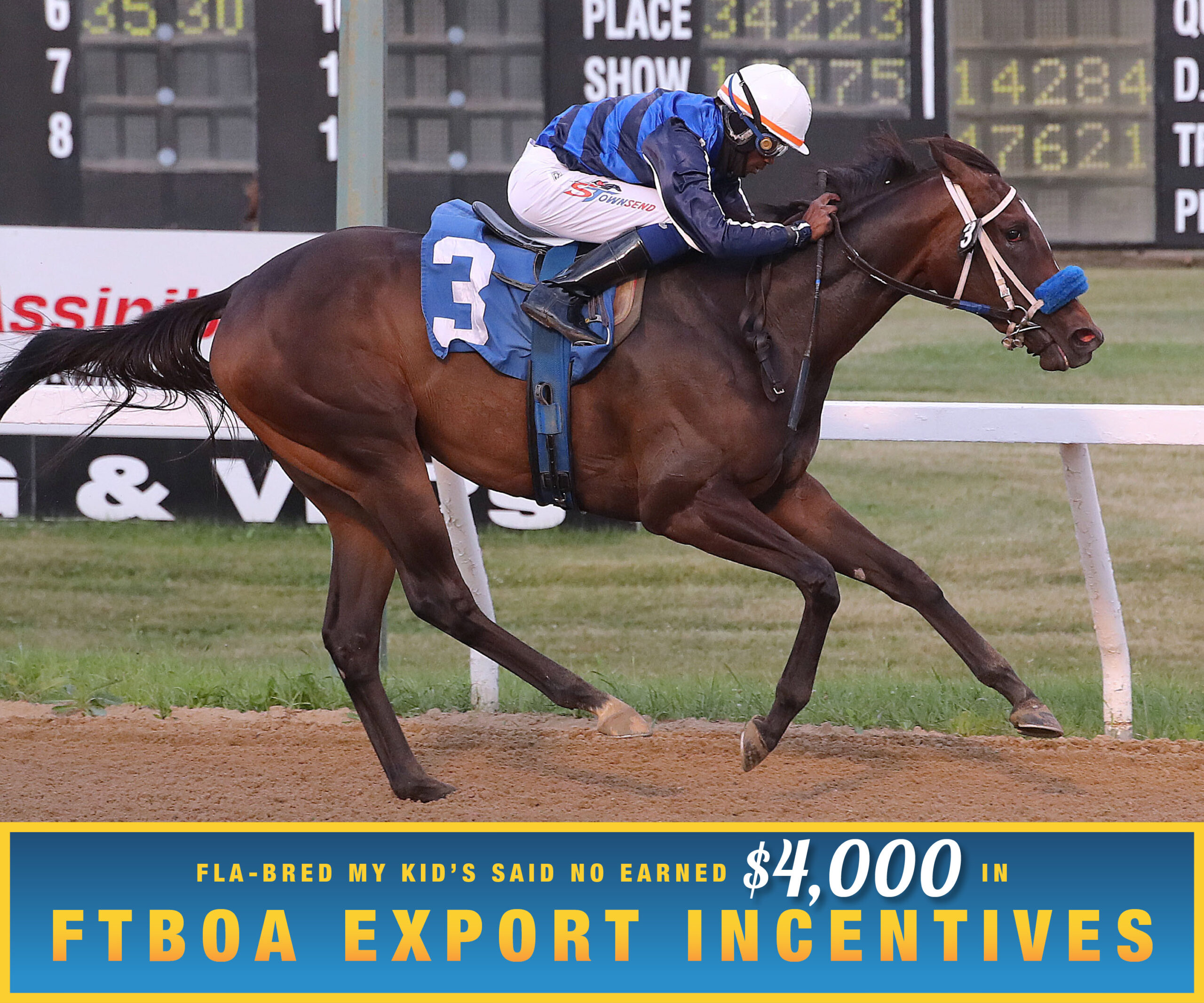 Florida-bred Thoroughbred My Kid’s Said No and jockey Shavon Townsend gallop clear ahead of their competition, crossing the wire at Assiniboia Downs to win by a staggering 11 ¾ lengths in the 2026 Debutante Stakes. (Photo: ©Jason Halstead/JJH Photo) Beneath the photo, a gradient light blue to dark blue banner, edged in an orange to yellow frame, is featured. The banner reads, “Fla-bred My Kid’s Said No Earned $4,000 in FTBOA Export Incentives.”