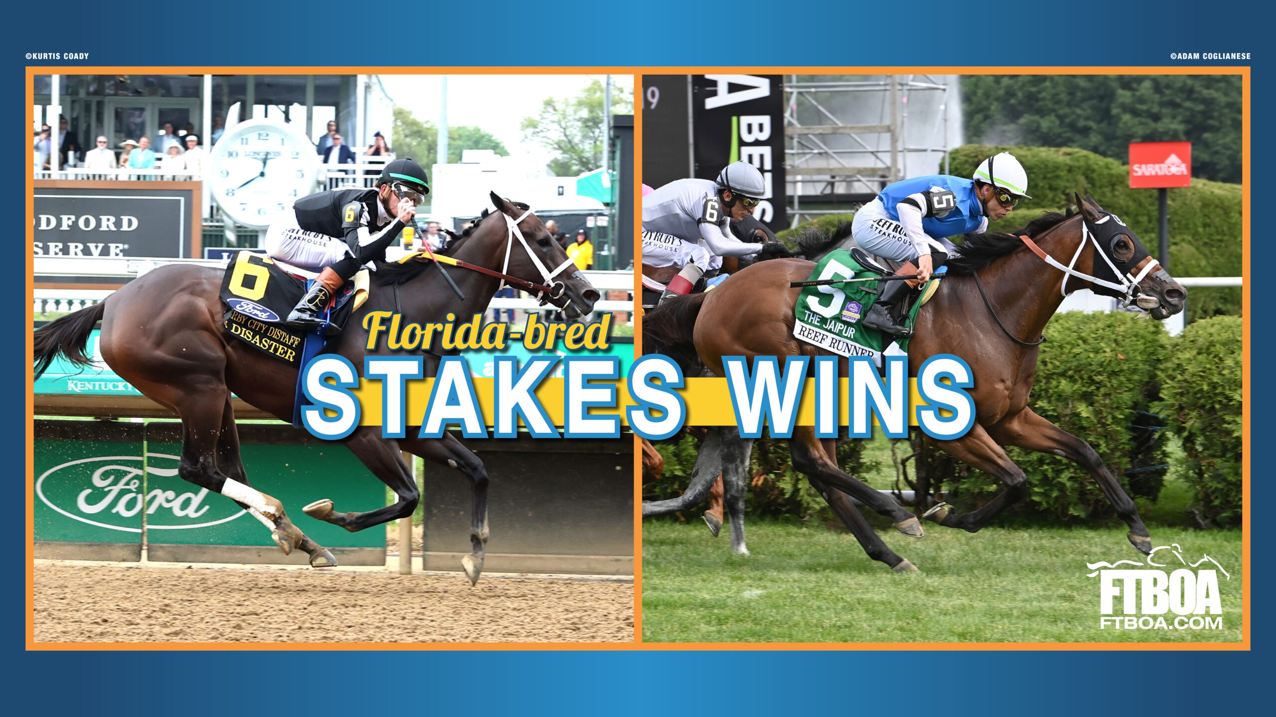 Video thumbnail consisting of a photo of Florida-bred Thoroughbred R Disaster (left, photo by ©Kurtis Coady) and Florida-bred Thoroughbred Reef Runner (right, photo by ©Adam Coglianese). The photos are outlined by orange, and placed on a dark to light blue gradient background. The FTBOA.com logo is in the bottom right of the collective image, and a large, yellow, blue, and white title reads, “Florida-bred Stakes Wins.”
