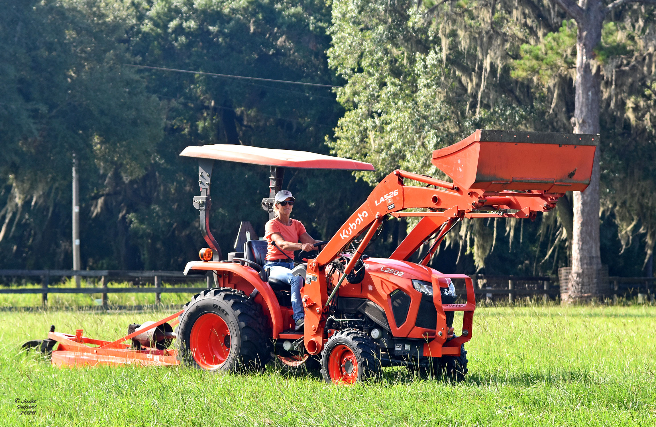 FTBOA Director Beth Bayer drives her orange Kubota tractor through the tree-lined pasture of her Florida farm, Fogg Road Farm. (Photo: ©Judit Seipert)