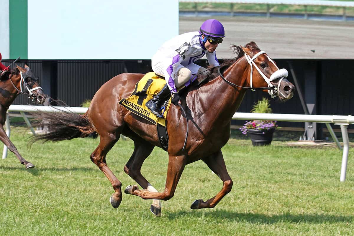 Gerrards Cross ridden by Jockey Cipriano Gil won the $100,000 Monmouth County Stakes at Monmouth Park Racetrack Photo By Bill Denver/EQUI-PHOTO