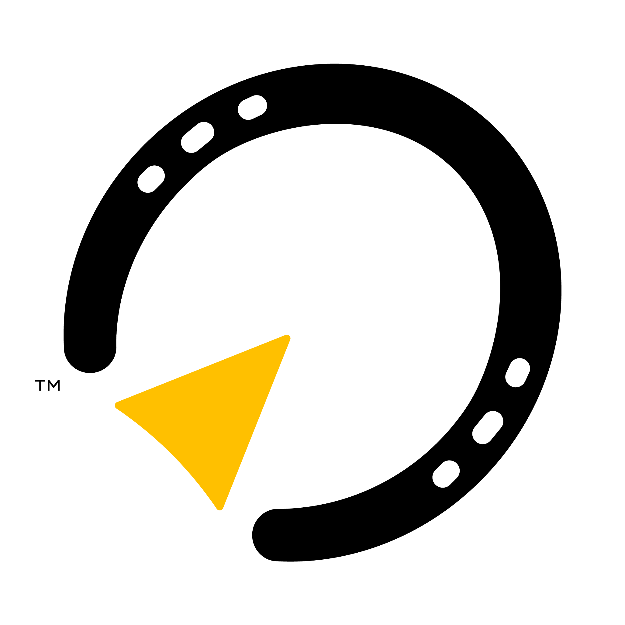 Logomark for the Horse Capital of the World®. The marker consists of a black horseshoe pointing to the right. Within it, a yellow arrow doubles as the “frog” of a horse’s hoof, furthering the directional point.