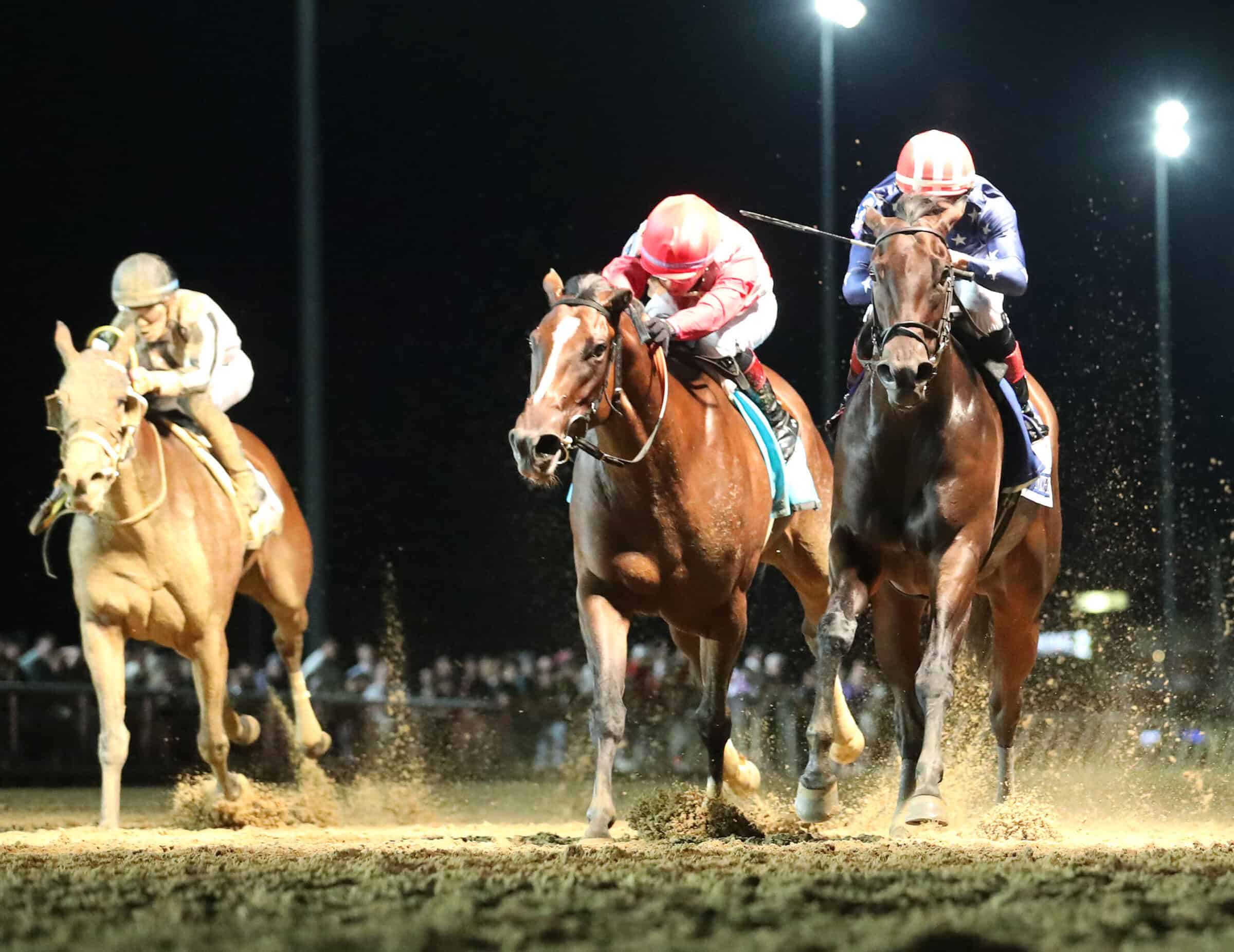 Niche (right) fights off favorite At a Premium (center) to win the $750,000 Charles Town Oaks