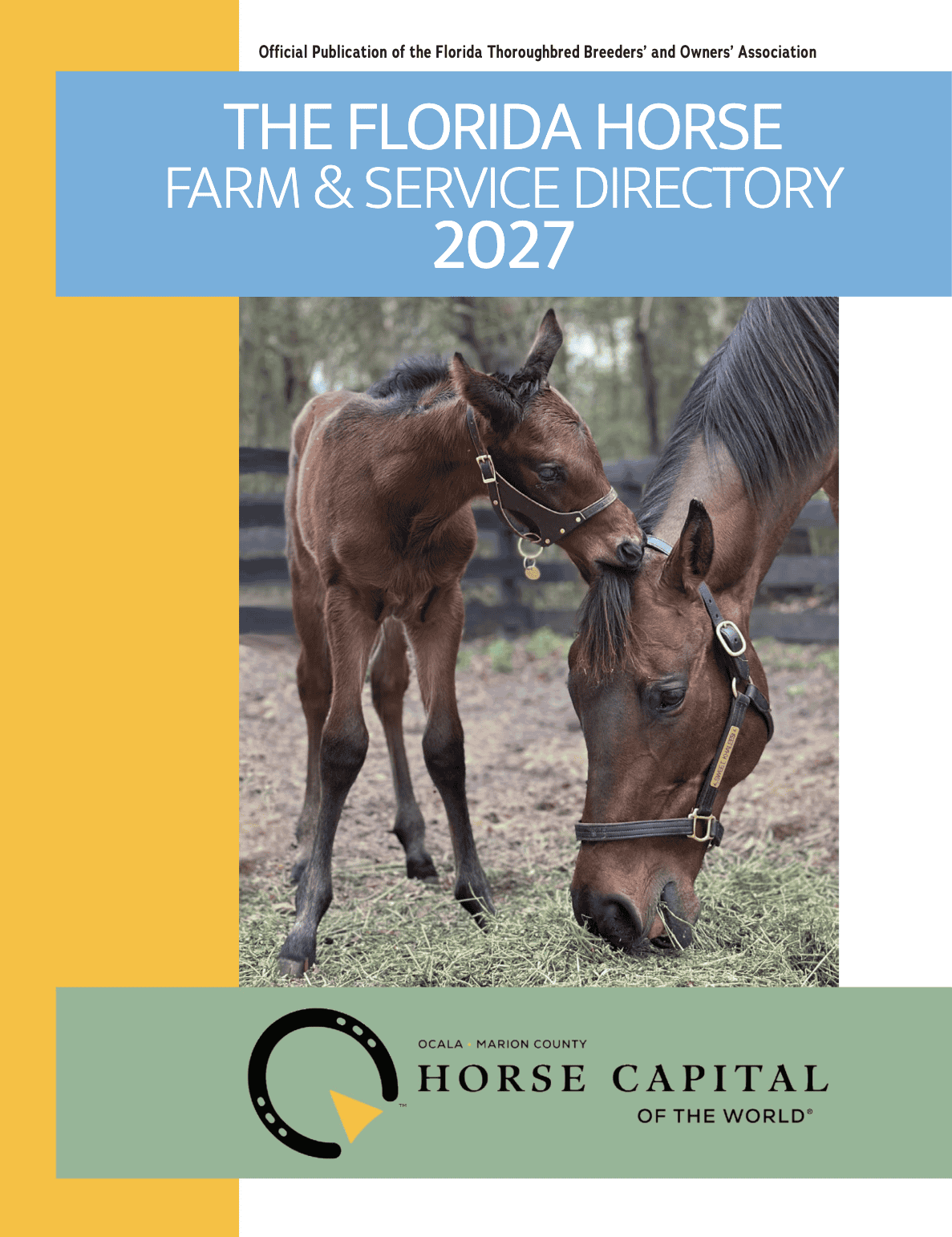 Cover of The Florida Horse Farm & Service Directory 2027. The cover is based around a photo of a Florida-bred foal grasping their dam’s forelock in their mouth to play. (Photo by Ashley Godwin of Rivermont Farm) Blue, yellow, and green rectangles frame the top, side, and bottom of the cover respectively, and are based on a white background. Further information resides at the top of the cover, reading, “Official Publication of the Florida Thoroughbred Breeders’ and Owners’ Association,” and the logo for the Horse Capital of the World® is centered at the bottom of the cover.