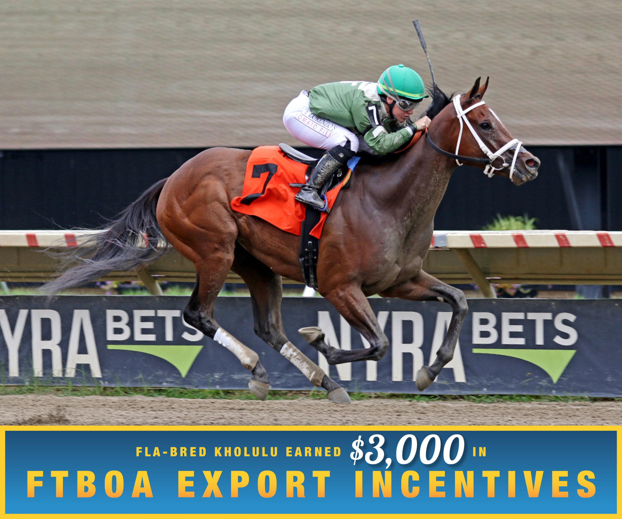 Florida-bred Kholulu and jockey Melissa Iorio gallop to the wire at Monmouth Park. Kholulu’s ears are pricked as she and Iorio cross the wire alone, scoring a Maiden Special Weight on August 30, 2026. (Photo: ©Bill Denver/EQUI-PHOTO) Beneath the photo, a gradient light blue to dark blue banner, edged in an orange to yellow frame, is featured. The banner reads, “Fla-bred Kholulu Earned $3,000 in FTBOA Export Incentives.”