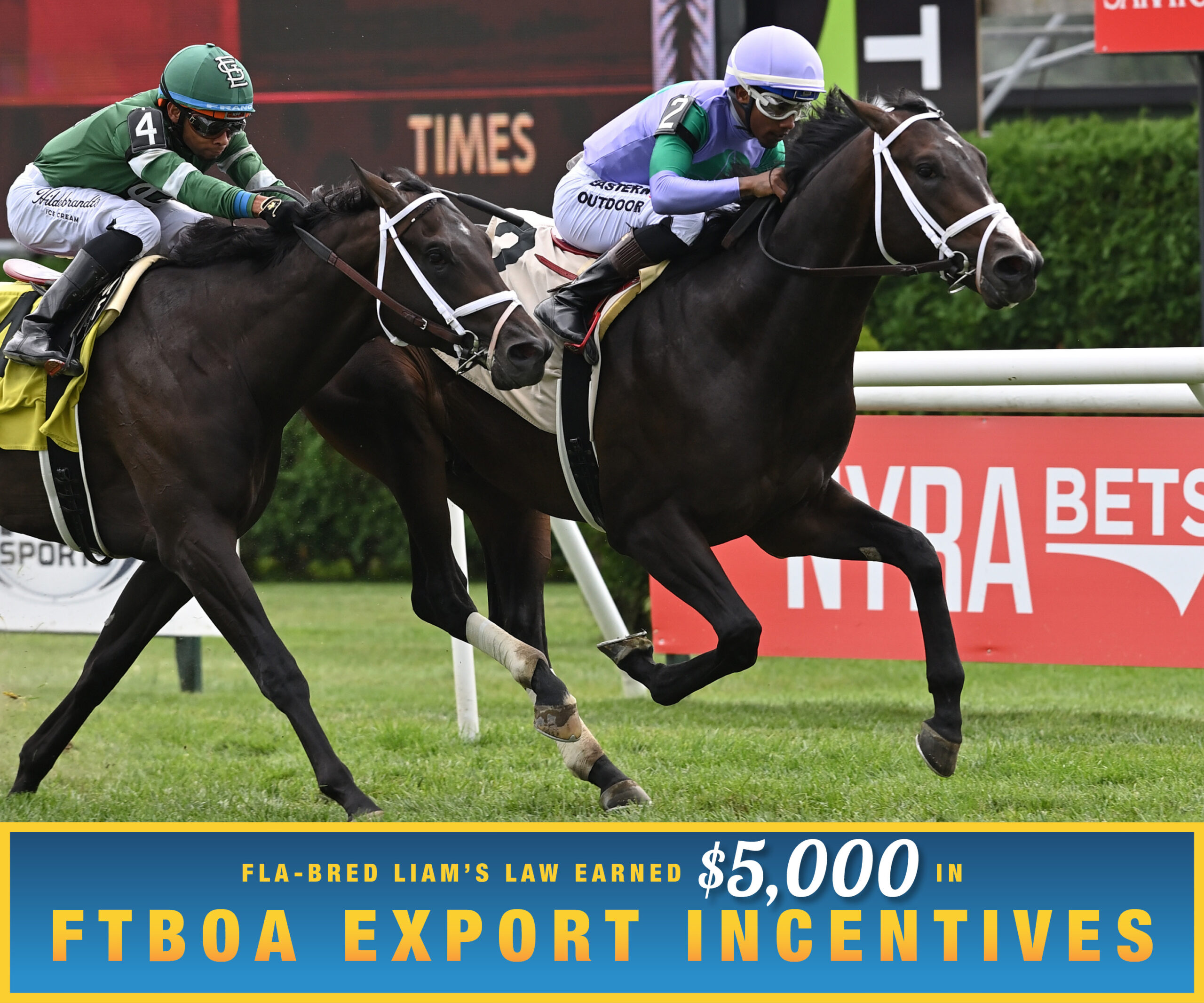 Florida-bred Thoroughbred Liam’s Law and jockey Ricardo Santana Jr. gallop to the wire at Saratoga. Bold Leadership, running on the outside with Manny Franco in the saddle, attempt to catch the duo, but Liam’s Law held the lead to win the 2026 With Anticipation. (Photo: ©Chris Rahayel) Beneath the photo, a gradient light blue to dark blue banner, edged in an orange to yellow frame, is featured. The banner reads, “Fla-bred Liam’s Law Earned $5,000 in FTBOA Export Incentives.”