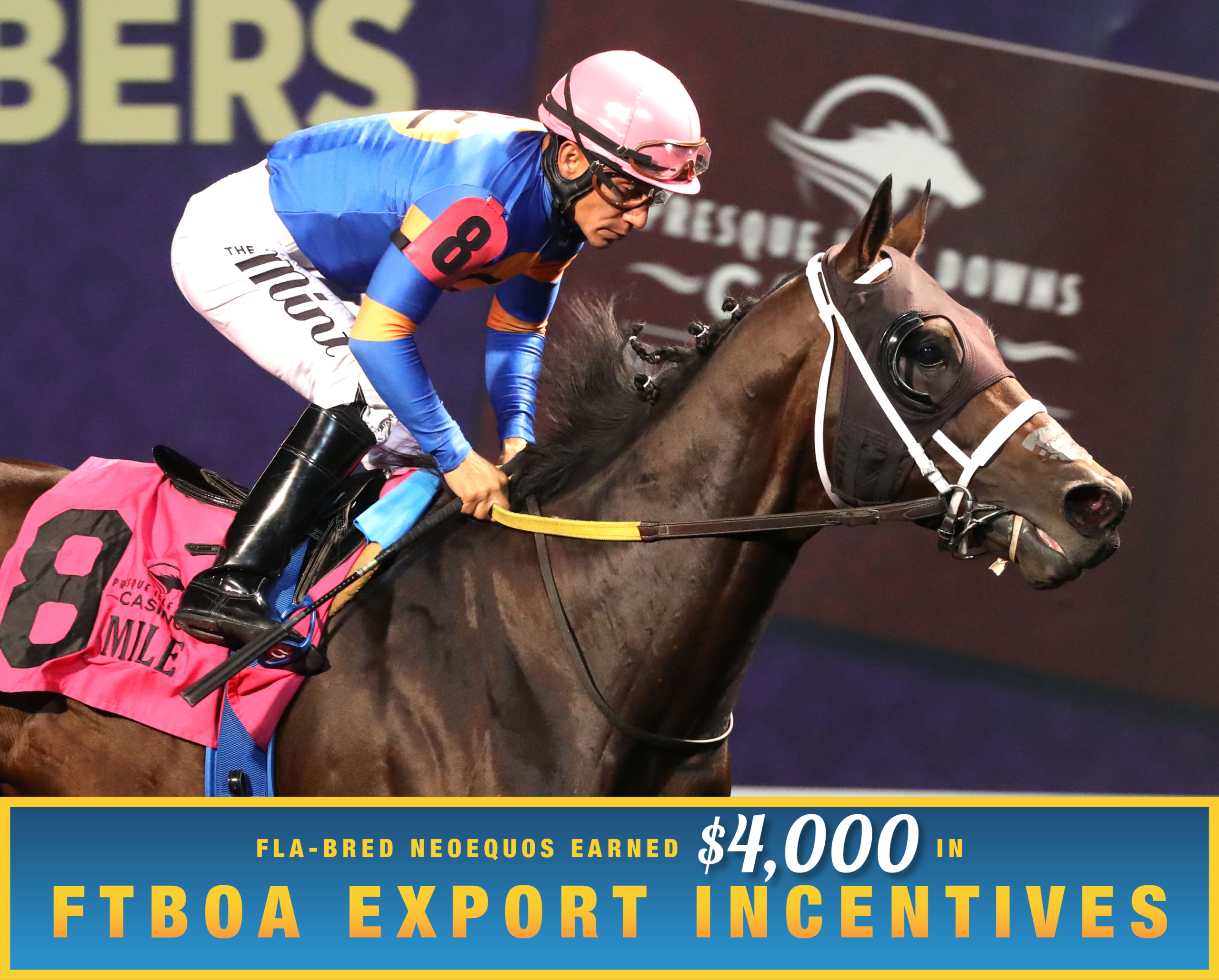 Closely cropped headshot of Florida-bred Thoroughbred Neoequos and jockey Paco Lopez galloping to the wire at Presque Isle Downs during their win of the 2026 Presque Isle Mile. (Photo: ©Renee Torbit/Coady Media) Beneath the photo, a gradient light blue to dark blue banner, edged in an orange to yellow frame, is featured. The banner reads, “Fla-bred Neoequos Earned $4,000 in FTBOA Export Incentives.