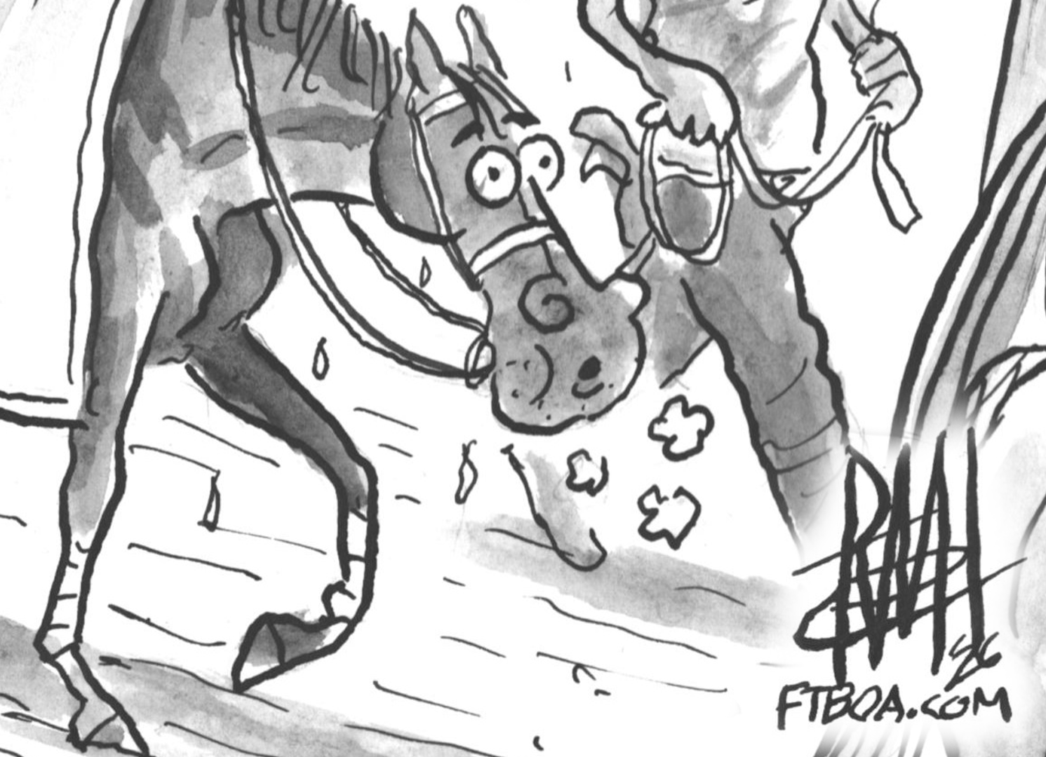 Cropped close up of a hand drawn, black and white ink illustration of a Thoroughbred racehorse being led by a groom around a track. The racehorse appears sweaty after the effort of the race, while the horses he follows are unaffected (though their faces are out of frame). Art by ©Remi⁩ Bellocq. Bellocq’s signature and “FTBOA.com” are in the bottom right corner.
