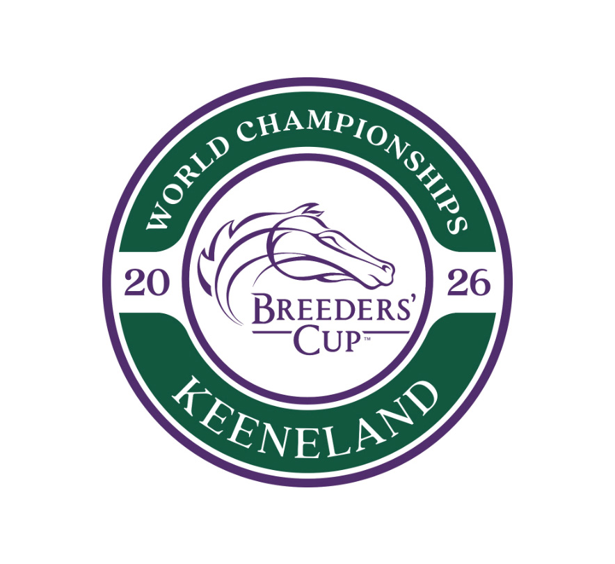 Logo for the 2026 Breeders’ Cup World Championships at Keeneland. The logo is a circular badge, consisting of the dark green of Keeneland, framed by Breeders’ Cup purple outlines. Overlaid on the green reads, “World Championships Keeneland” in curving serif letters. The standard horse head outline for the Breeders’ Cup logo, alongside the date “20” “26” is in Breeders’ Cup purple.