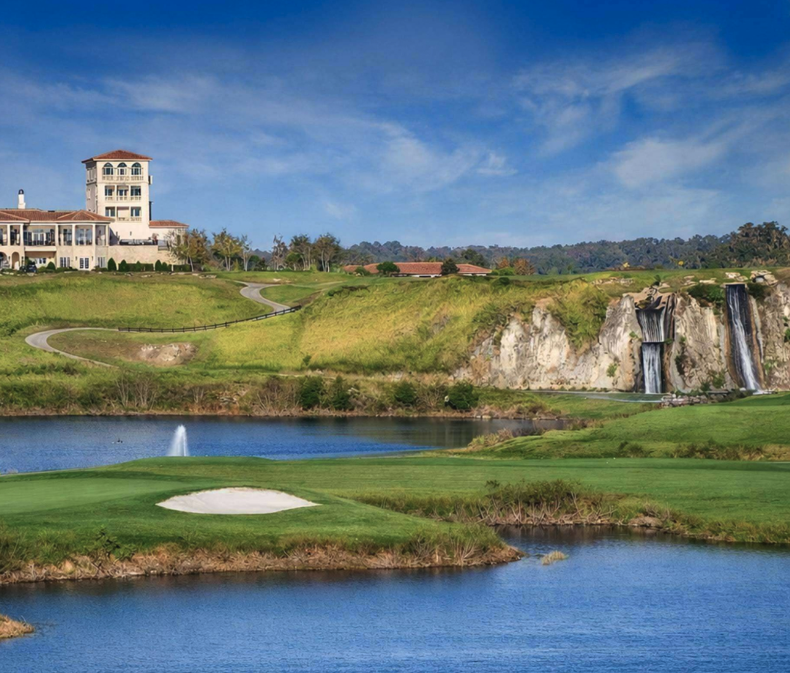 Scenic photograph taken of the golf course at The Club at Iron Lake in Ocala, Florida. Several water features frame the golf course, and the club house overlooks the course on a hill at the back of the property. (Photo: Instagram @theclubatironlake)