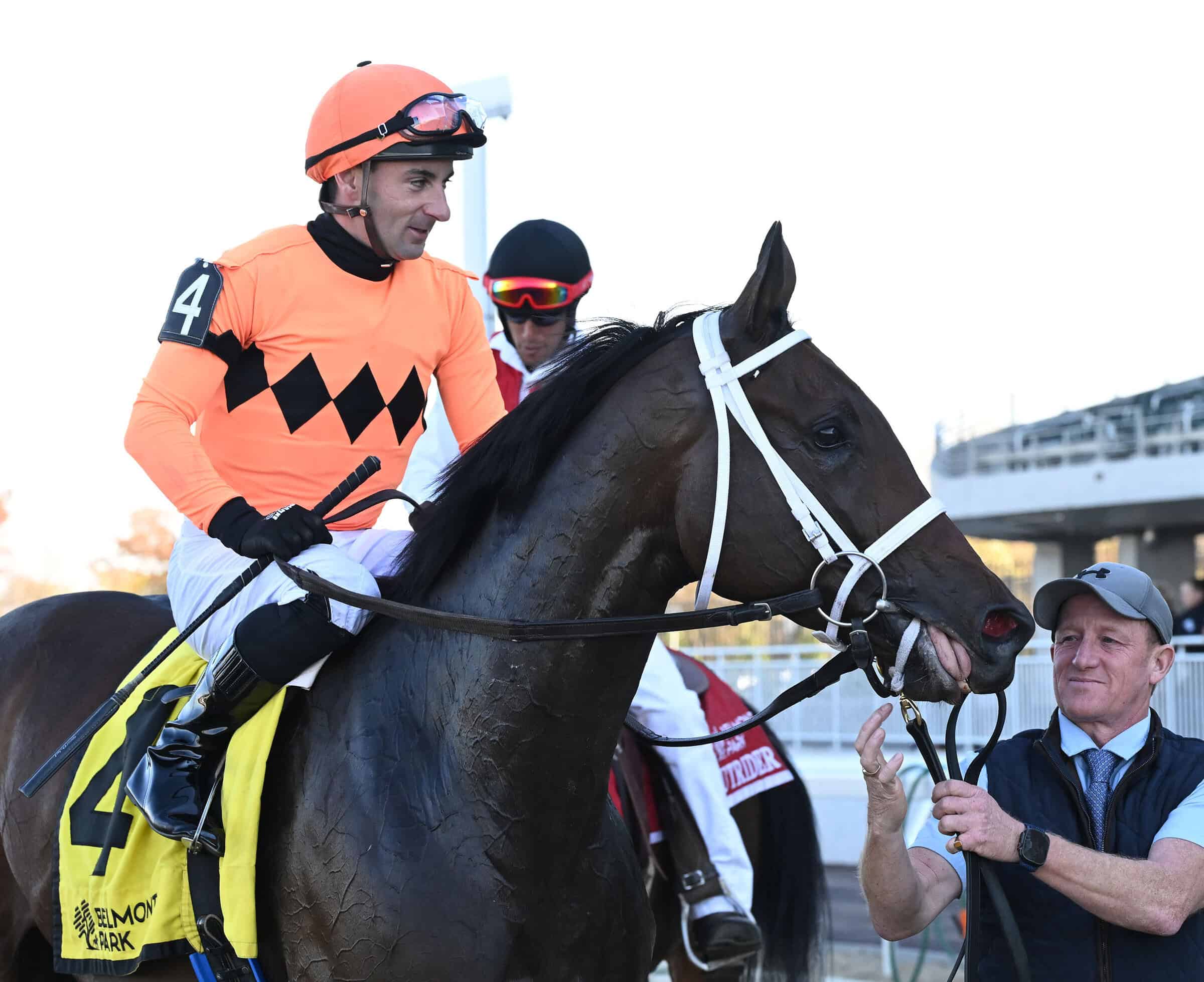 Ground Support and jockey Adam Beschizza come back after winning the Glen Cove S. at Belmont Park
