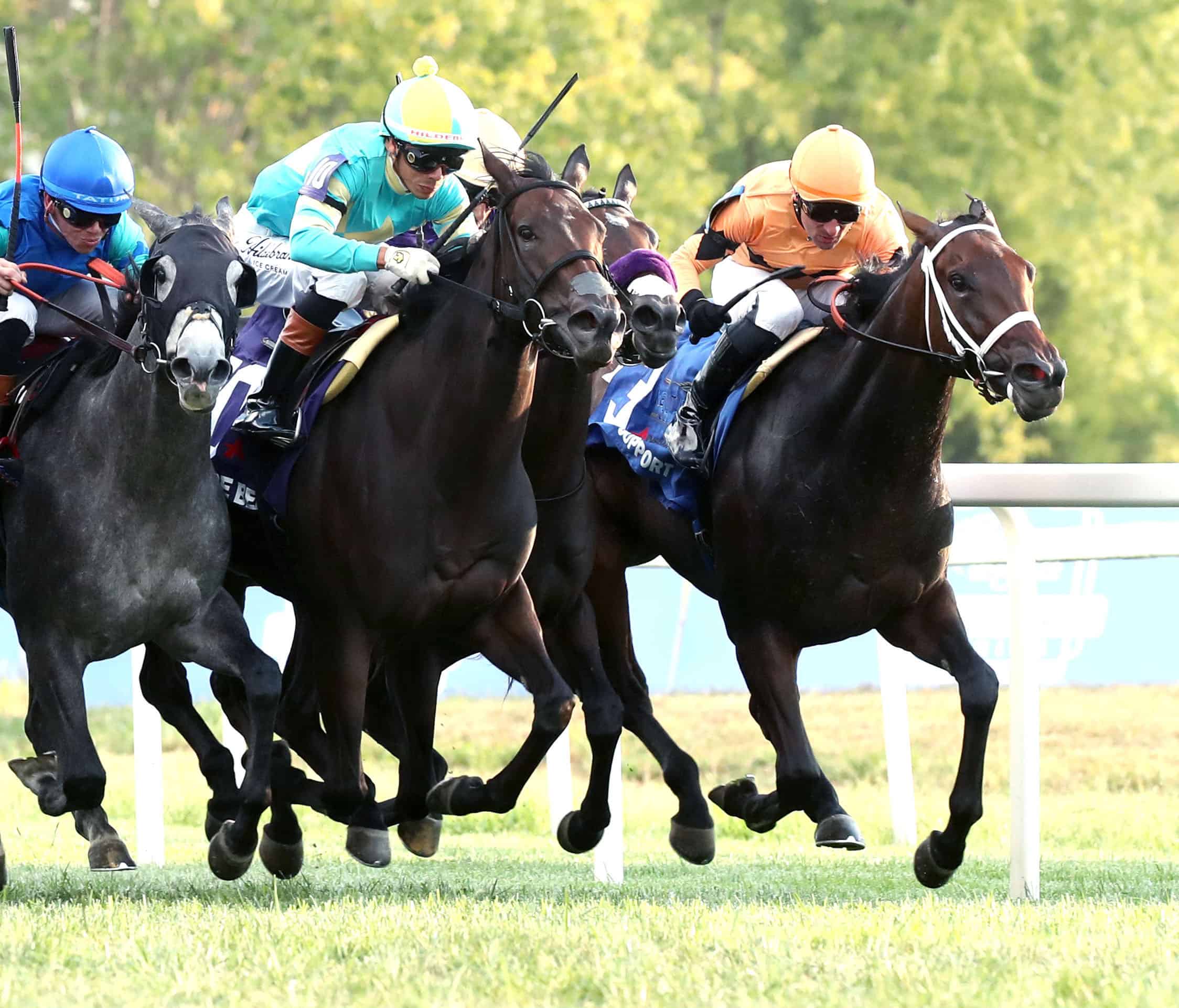 Ground Support and jockey Adam Beschizza squeeze through a narrow opening on the rail to finish third in the Music City Stakes at Kentucky Downs