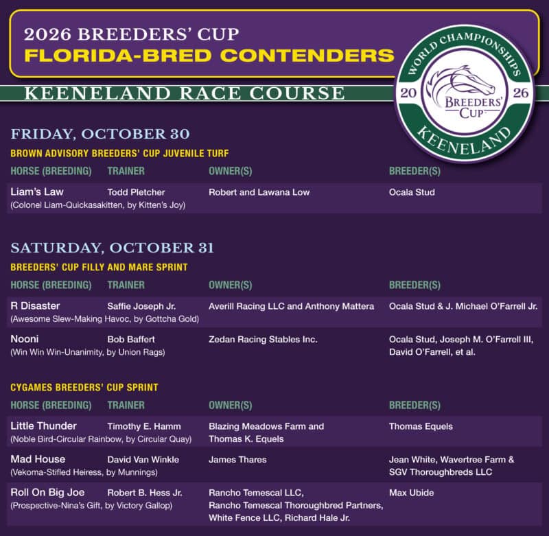 Dark purple chart accented with Breeders’ Cup gold and Keeneland green that details all the information of the current Florida-bred Breeders’ Cup contenders. The 2026 Breeders’ Cup logo is prominent in the top right-hand corner. The horses listed are, in order: Liam’s Law, R Disaster, Nooni, Little Thunder, Mad House, and Roll On Big Joe. 