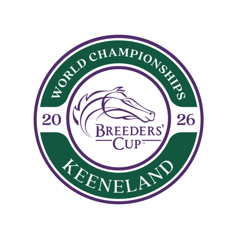 Logo for the 2026 Breeders’ Cup World Championships, hosted at Keeneland. The logo is a circular badge that surrounds the standard purple horse head of the main Breeders’ Cup logo. Keeneland-green bands surround the main logo, and “20” and “26” rest on the left and right side of the badge respectively.