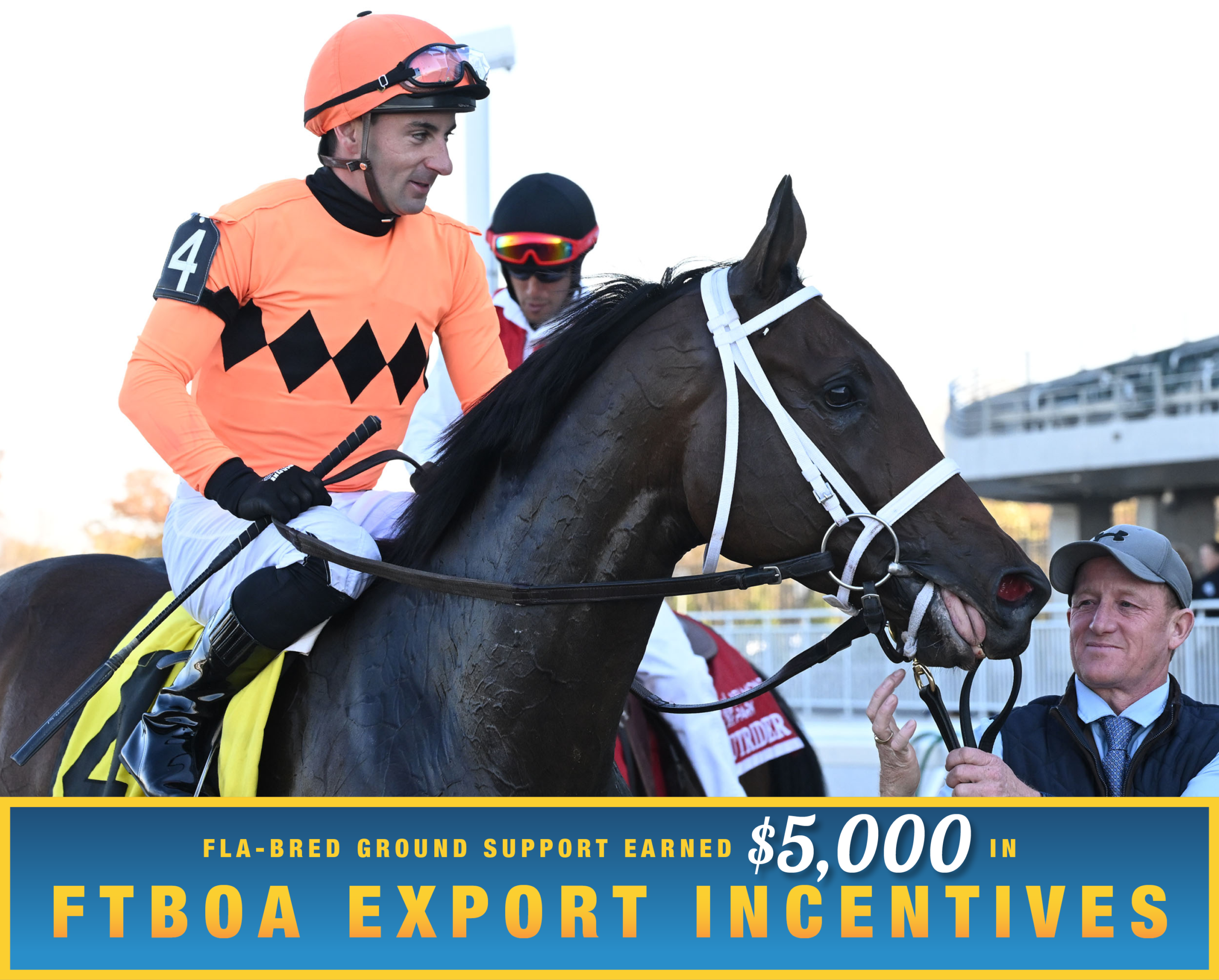 Florida-bred Thoroughbred Ground Support and jockey Adam Beschizza come back after winning the 2026 Grade 3 Glen Cove S. at Belmont Park. (Photo: ©Susie Raisher) Beneath the photo, a gradient light blue to dark blue banner, edged in an orange to yellow frame, is featured. The banner reads, “Fla-bred Ground Support Earned $5,000 in FTBOA Export Incentives.”