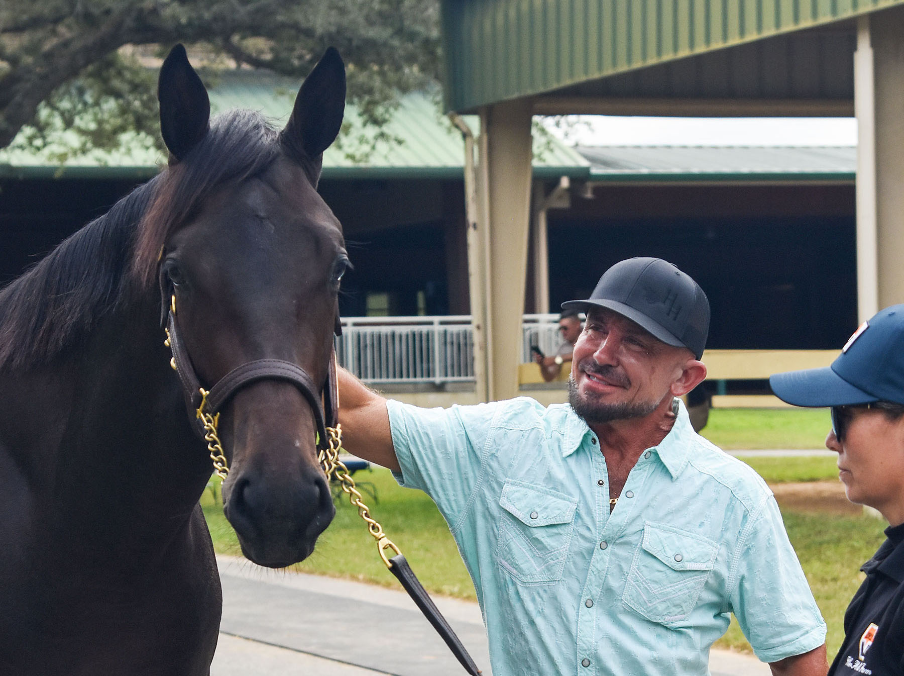 Hal Hatch reaches forward to pat the neck of one of his yearlings, who turns to look towards the camera with curiously pricked ears. (Photo: ©Judit Seipert)