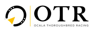 Logo for Ocala Thoroughbred Racing. The logo is compiled of all capital serif letters that read, “OTR,” overtop the full name of the organization, which is in sans serif and also fully capitalized. To the left, the black horseshoe logo with yellow pointer, signifying direction and a horse’s frog, is centered against the OTR base. A yellow line separates the two elements.
