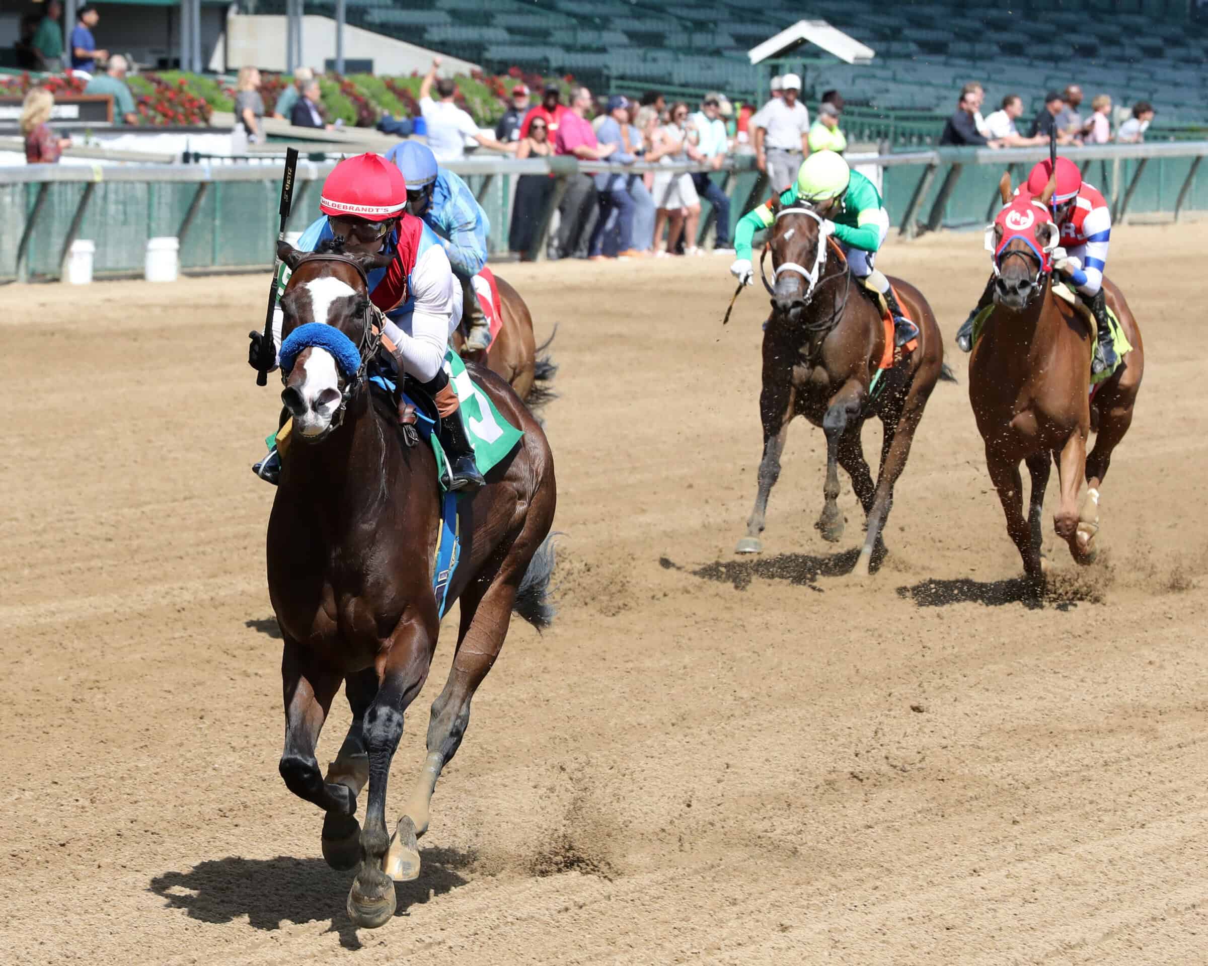Florida-bred Thoroughbred Nooni and jockey Jose Ortiz gallop towards the camera, flying ahead of the pack in front of the Churchill Downs grandstand to win an allowance optional claiming on September 13, 2026. (Photo: ©Coady Media)
