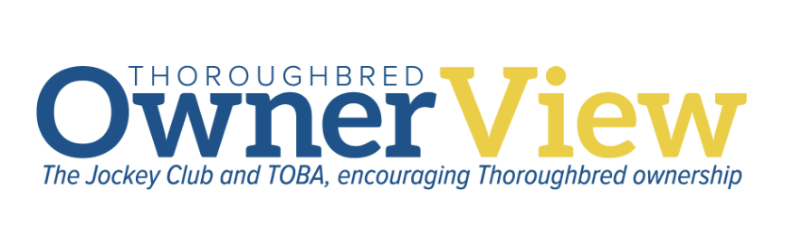 Logo for OwnerView, consisting mostly of stacked text. Read in order, the full logo reads, “Thoroughbred OwnerView. The Jockey Club and TOBA, encouraging Thoroughbred ownership.” All text but “View” is blue, while “View” is yellow. “Thoroughbred” is stacked over “OwnerView,” the largest text. The remaining subtext, “the Jockey Club and..,” is italicized beneath “OwnerView.”