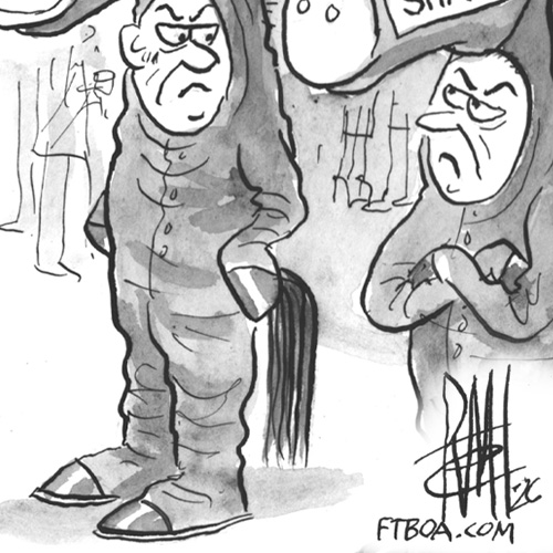 Cropped close up of a hand drawn, black and white illustration. Two people presumably dressed as horses stand in the middle of a party, glaring at each other. Art by ©Remi⁩ Bellocq. Bellocq’s signature and “FTBOA.com” are in the bottom right corner. 